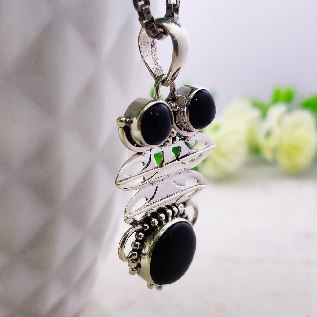 Sterling Silver Natural Black Onyx Boho  Pendant