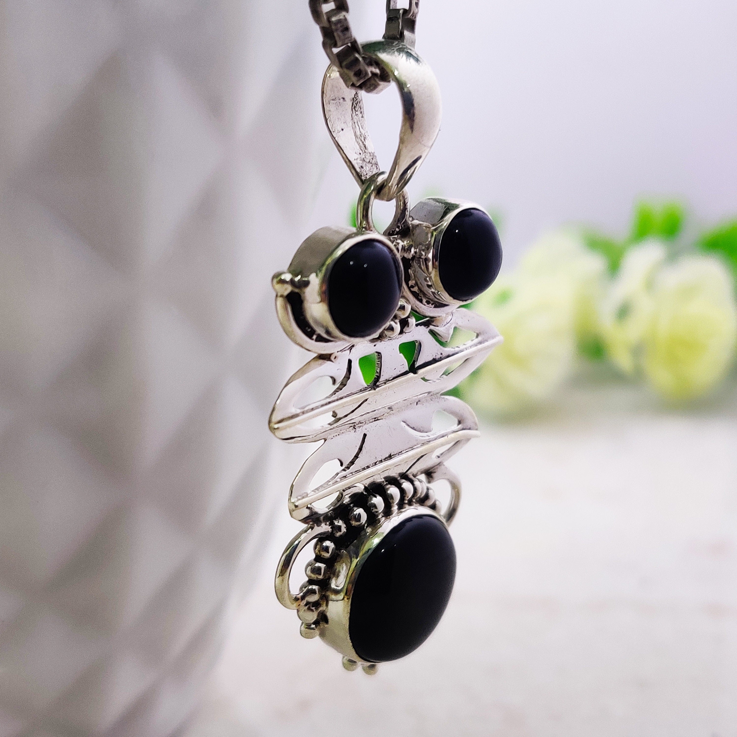 Sterling Silver Natural Black Onyx Boho  Pendant