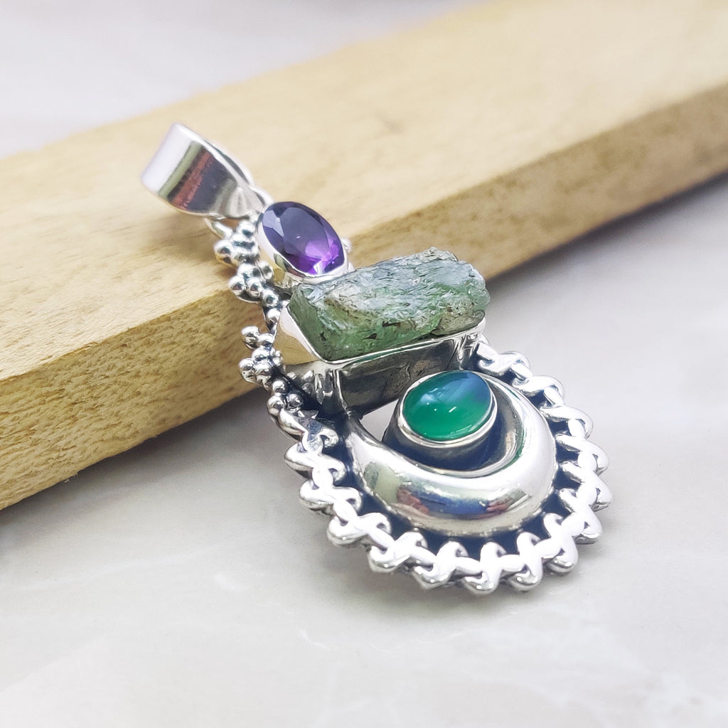 Sterling Silver Natural Amethyst Onyx Raw stone  Boho  Pendant