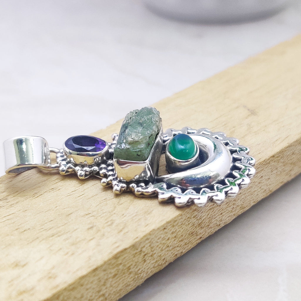 Sterling Silver Natural Amethyst Onyx Raw stone  Boho  Pendant