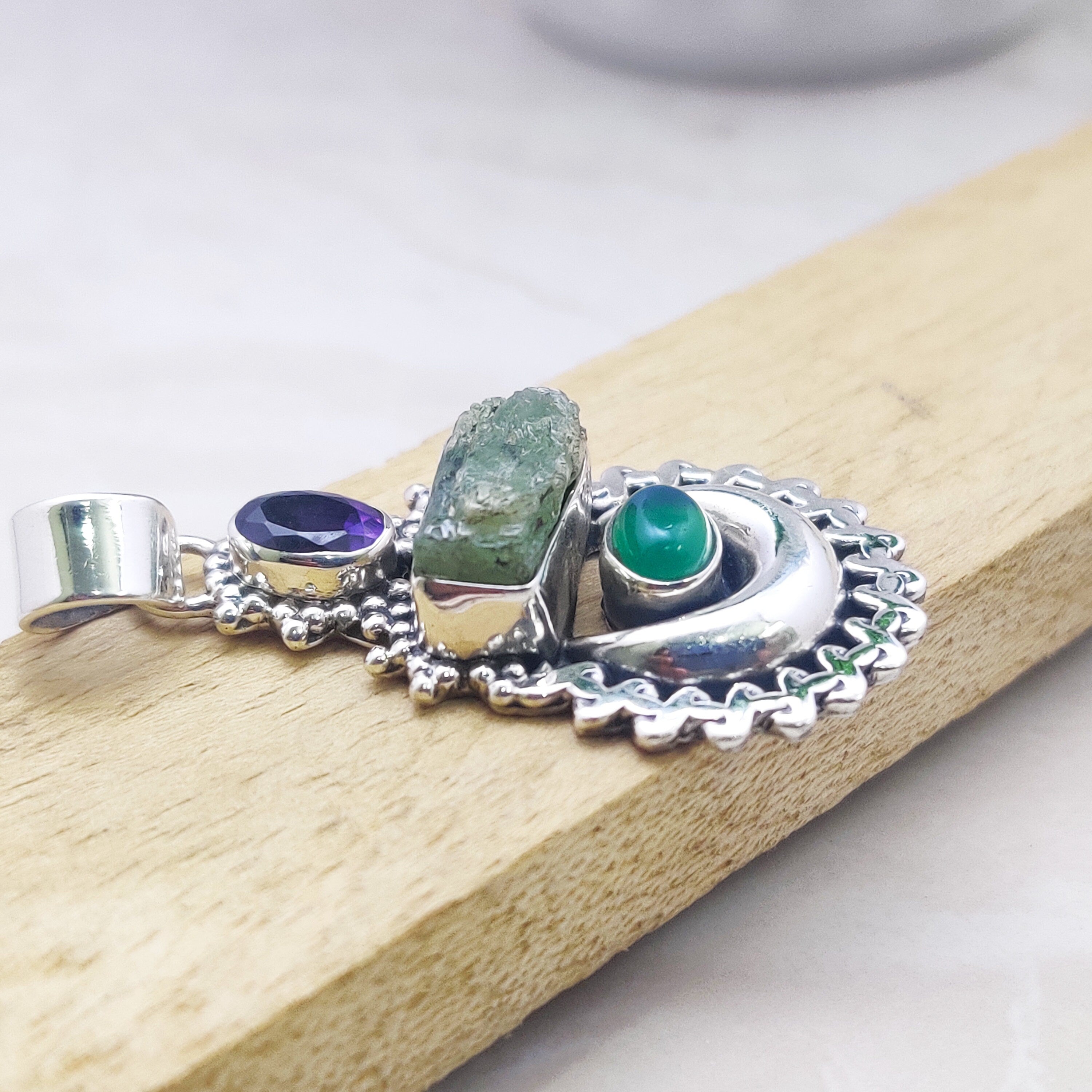 Sterling Silver Natural Amethyst Onyx Raw stone  Boho  Pendant