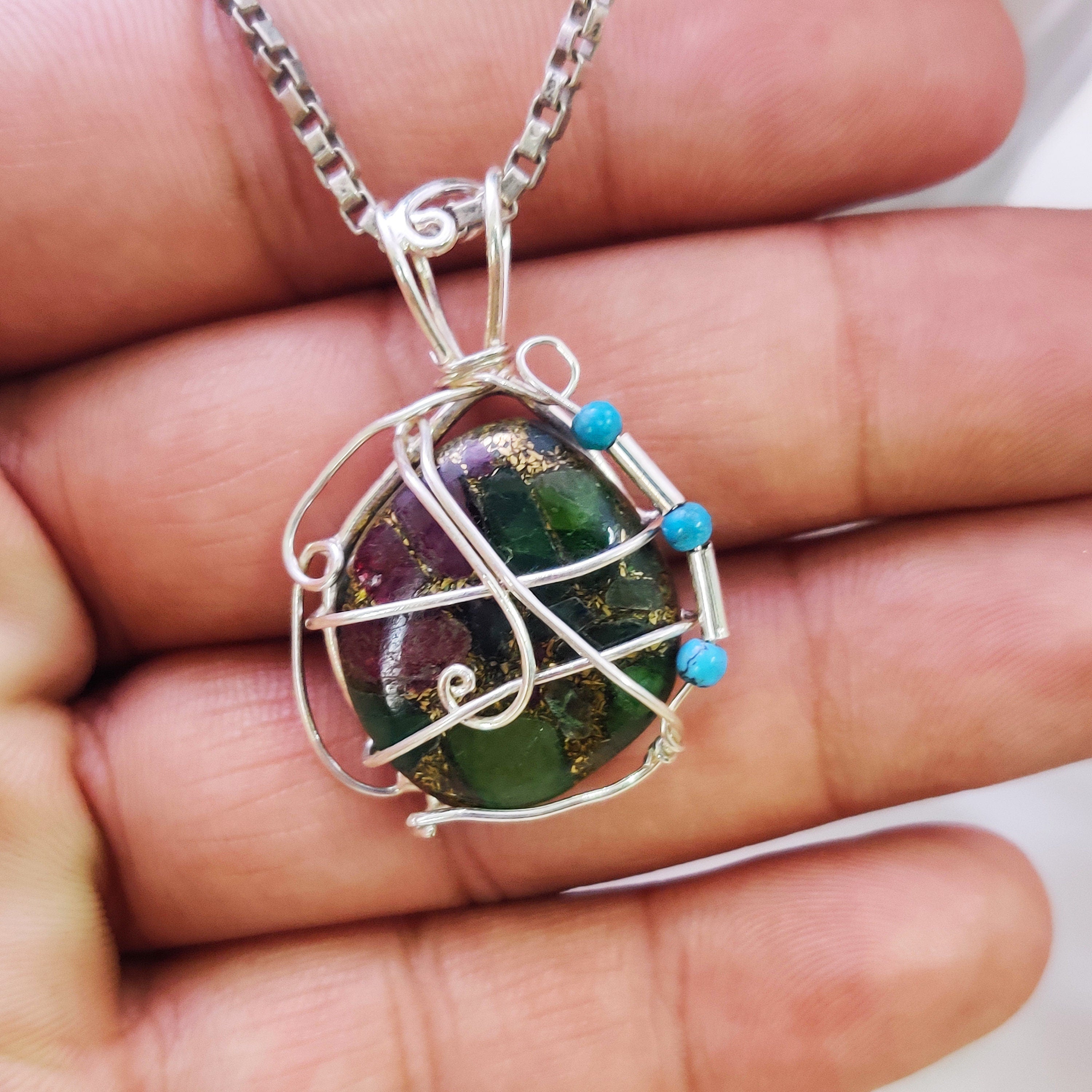 Sterling Silver Natural Copper Tourmaline Raw stone Polished Boho Large Pendant