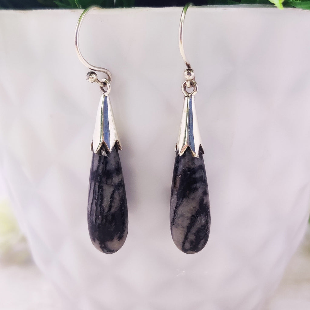Natural Picasso Jasper Boho  Drop Earrings, Sterling Silver Black and White Stone Drop Earrings Wire Post Earrings Picasso Jasper Jewelry