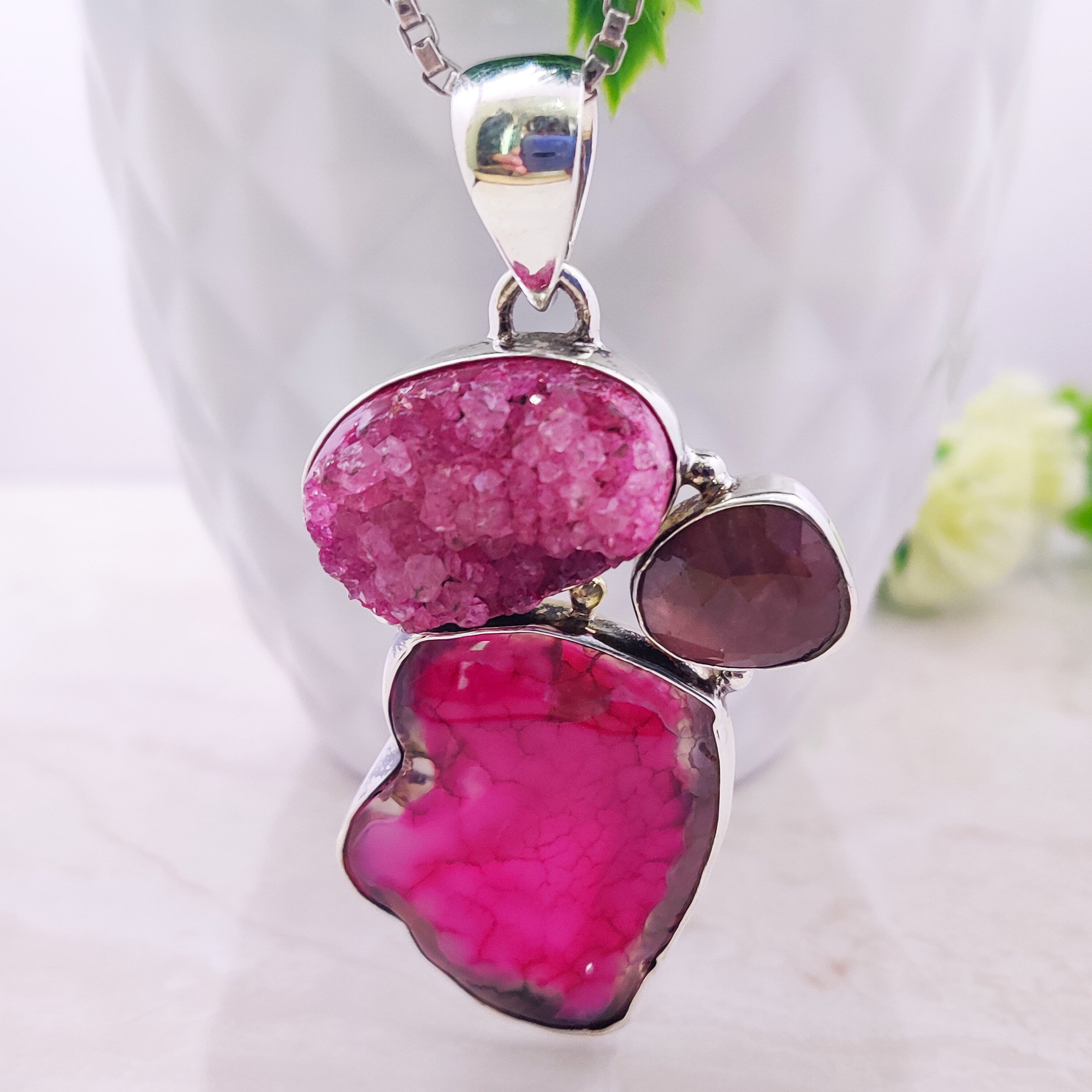 Sterling Silver Natural Agate Drugy Ruby Raw stone Polished Boho Large Pendant