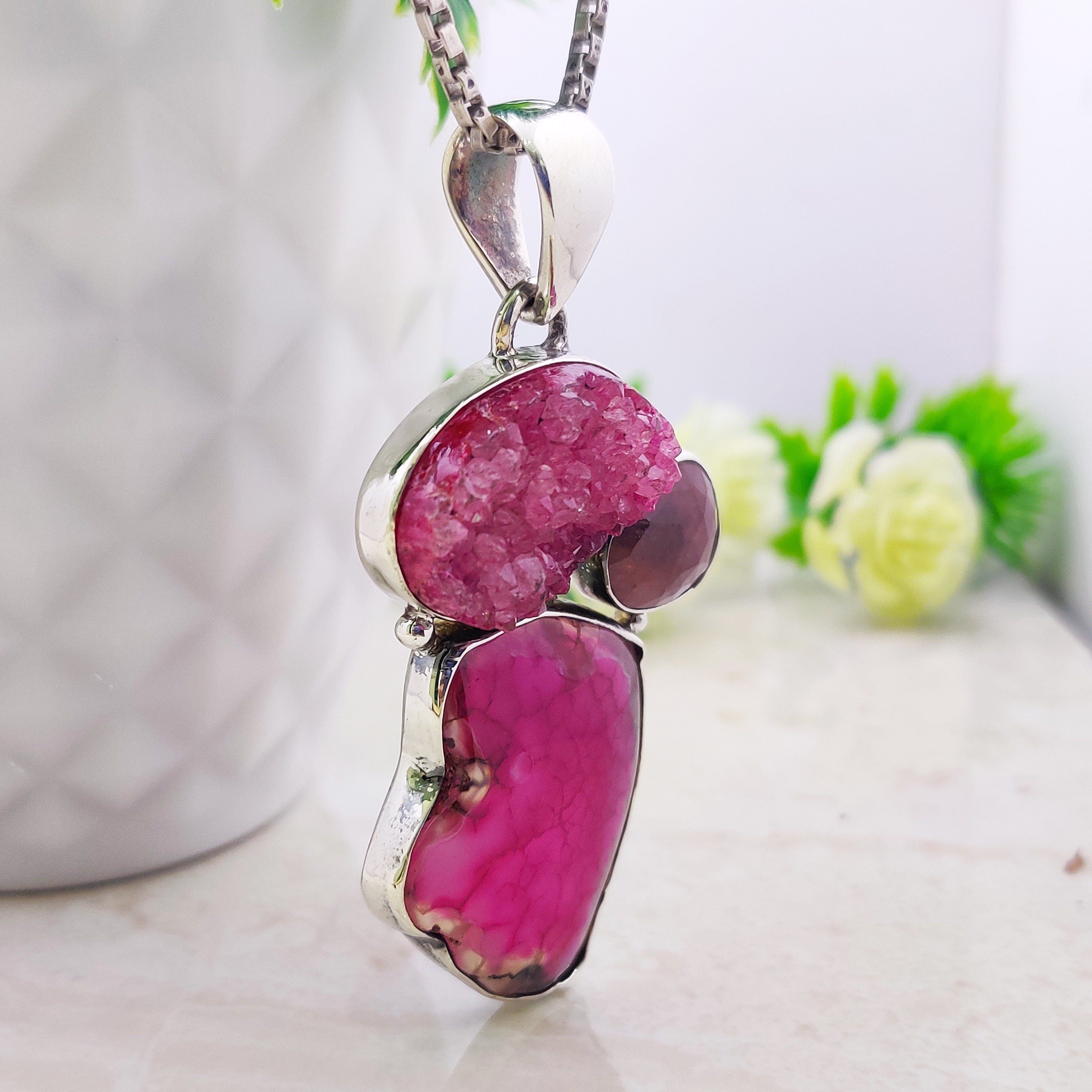 Sterling Silver Natural Agate Drugy Ruby Raw stone Polished Boho Large Pendant