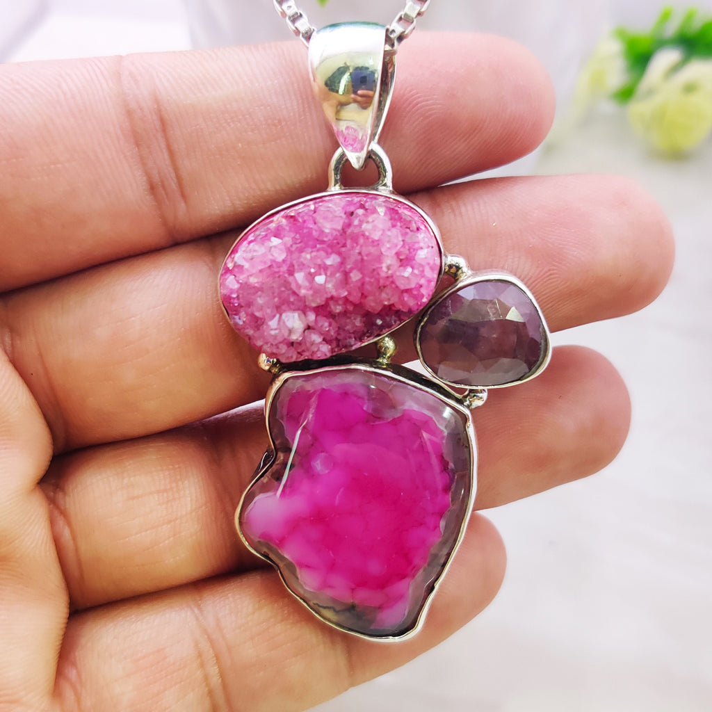 Sterling Silver Natural Agate Drugy Ruby Raw stone Polished Boho Large Pendant