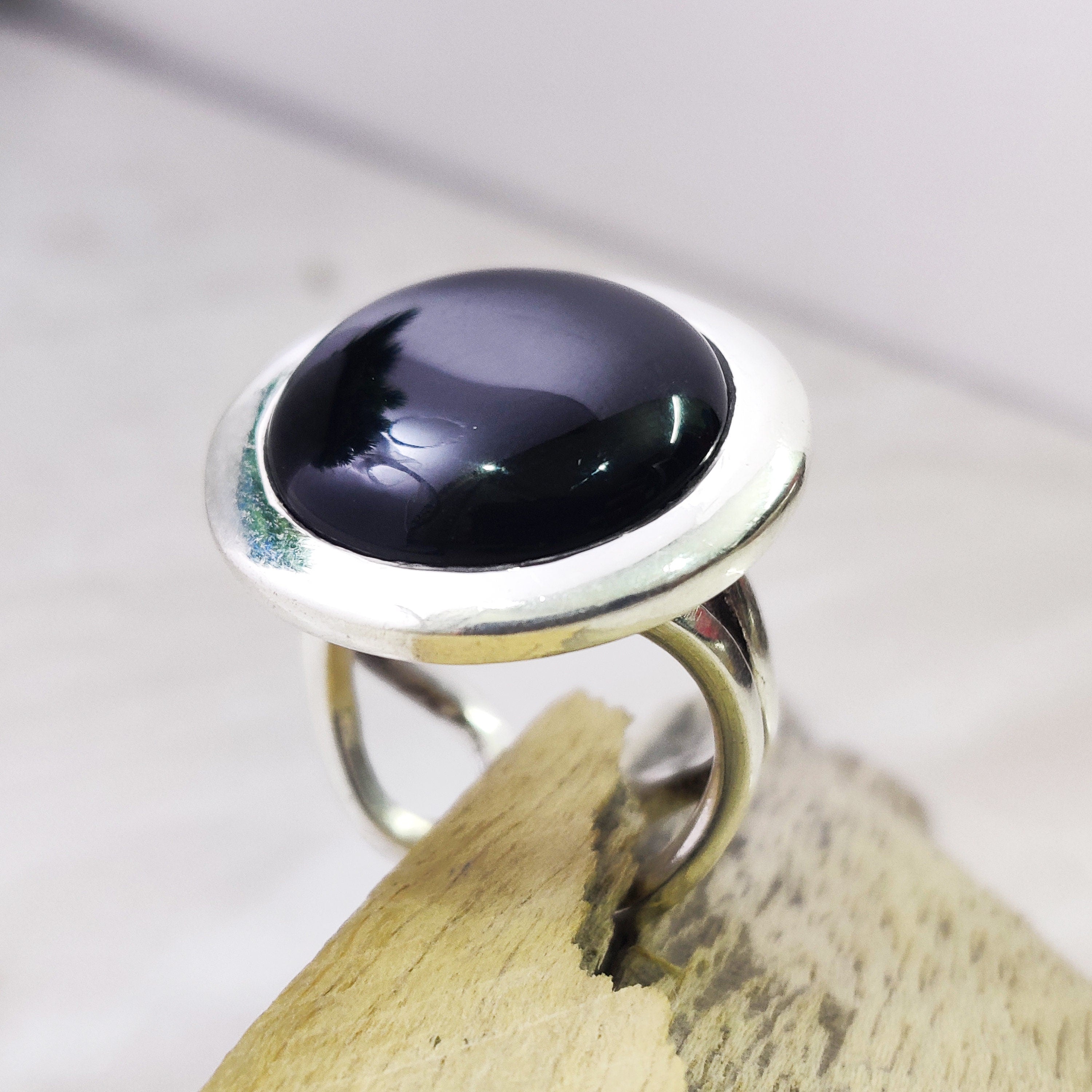 Sterling Silver Natural Black Onyx Adjustable Boho Ring