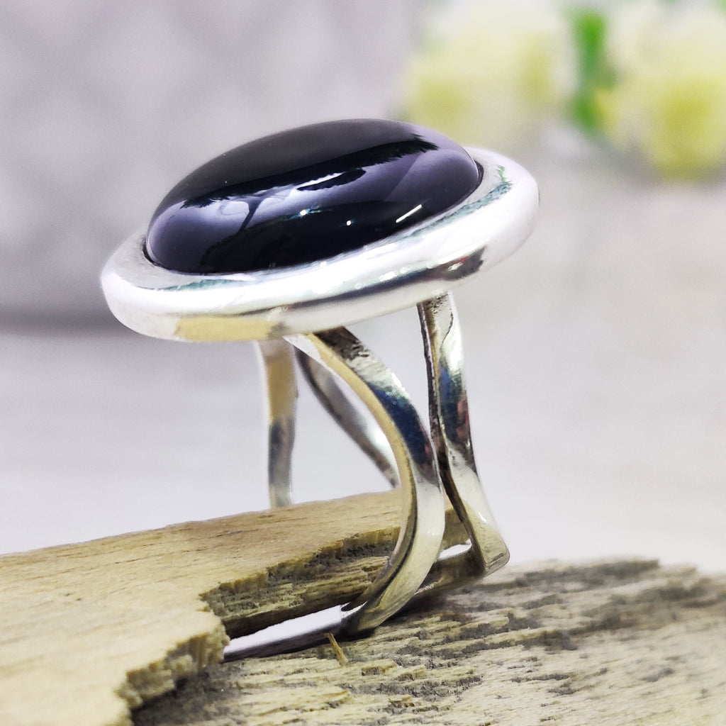 Sterling Silver Natural Black Onyx Adjustable Boho Ring