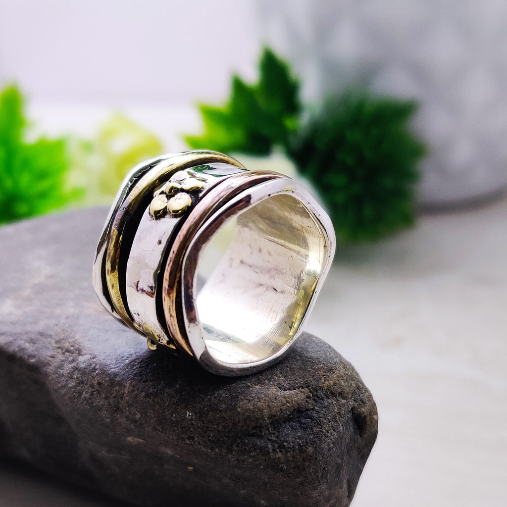 Spinner Ring 925 Sterling Solid Silver Ring With Brass Copper Tone Spinner Silver Band Ring Two Tone Ring Flower Designer Ring Ring Size 5