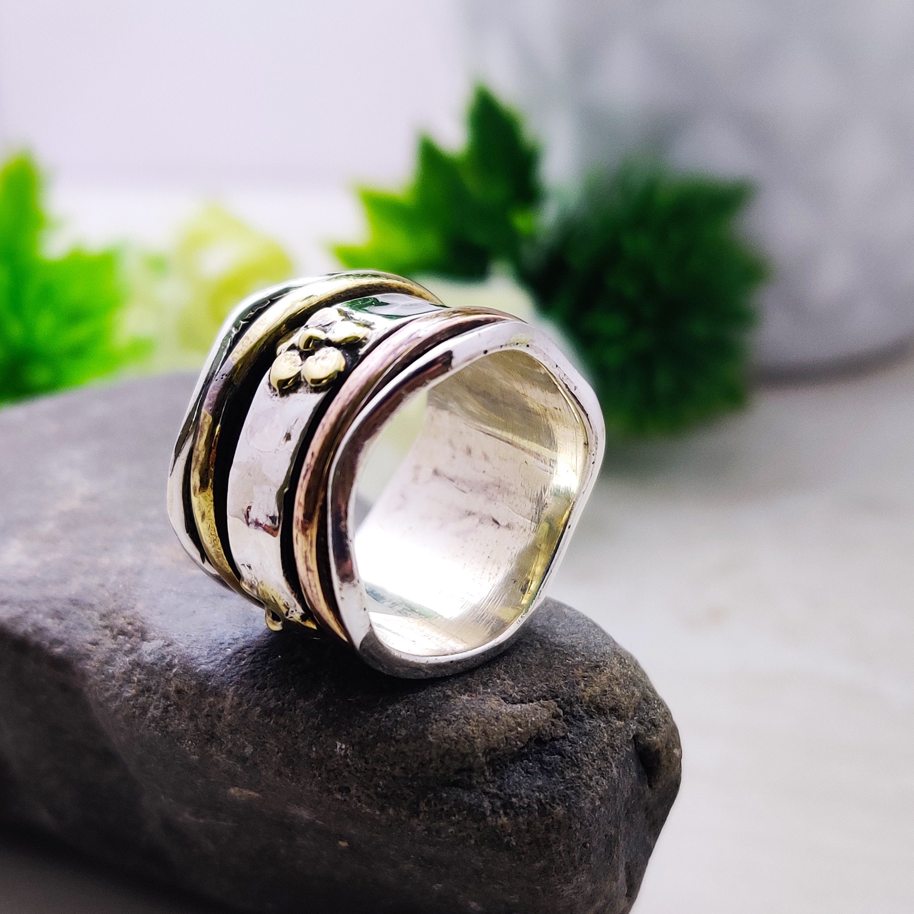 Spinner Ring 925 Sterling Solid Silver Ring With Brass Copper Tone Spinner Silver Band Ring Two Tone Ring Flower Designer Ring Ring Size 5