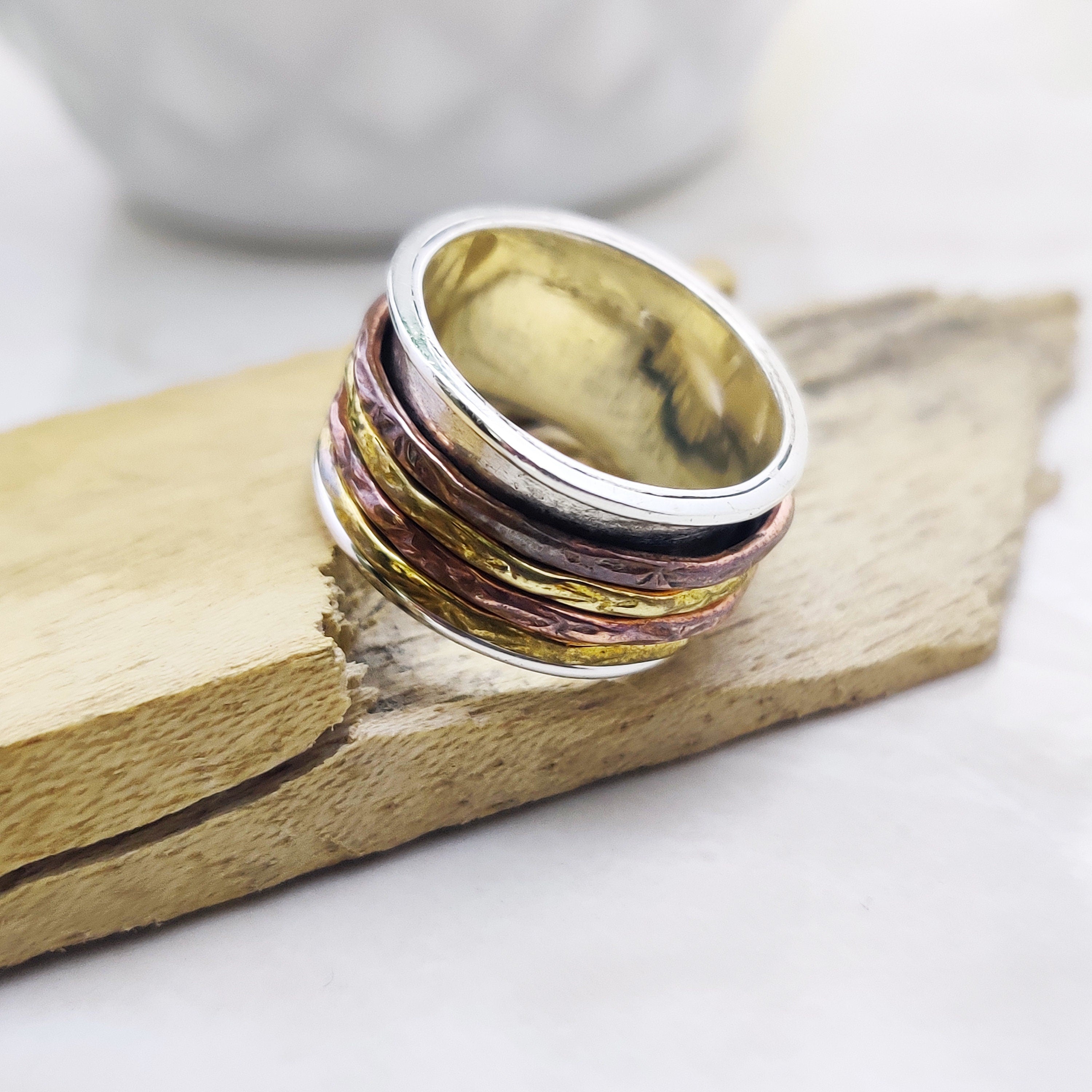 Spinner Ring 925 Sterling Solid Silver Ring Four Spin Rings Brass Copper Tone Spinner Silver Band Ring Two Tone Ring Size 4 1/2