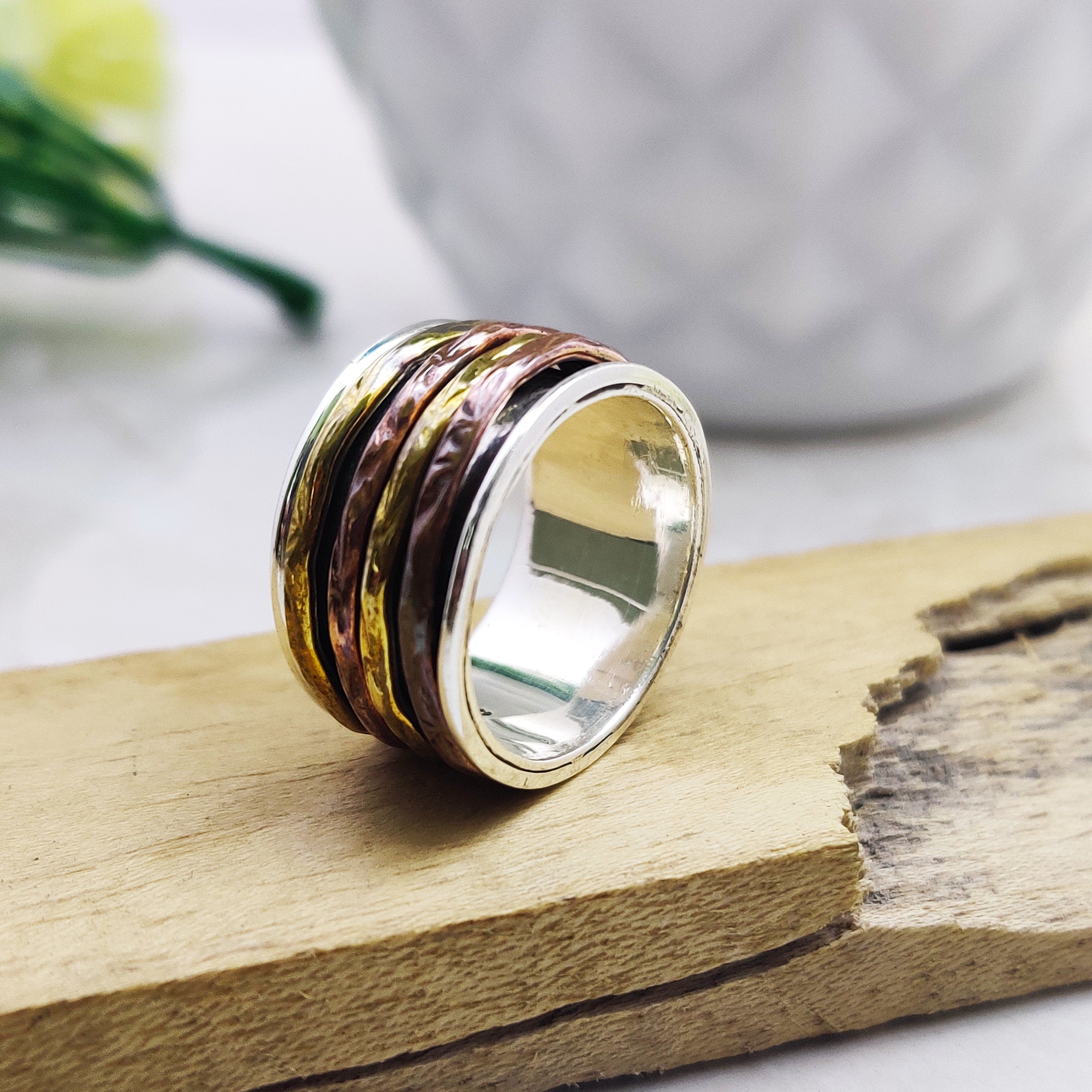 Spinner Ring 925 Sterling Solid Silver Ring Four Spin Rings Brass Copper Tone Spinner Silver Band Ring Two Tone Ring Size 4 1/2