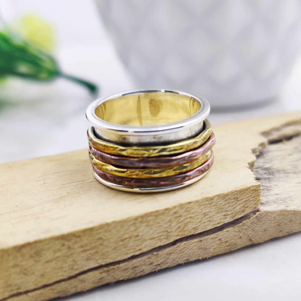 Spinner Ring 925 Sterling Solid Silver Ring Four Spin Rings Brass Copper Tone Spinner Silver Band Ring Two Tone Ring Size 4 1/2