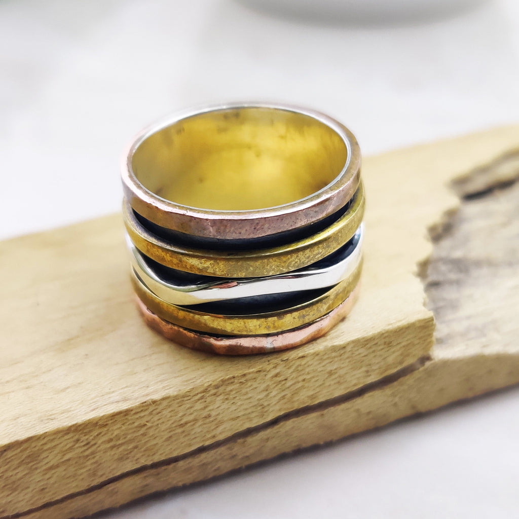 Spinner Ring 925 Sterling Solid Silver Ring Brass Copper Tone Spinner Silver Band Ring Two Tone Ring Size 5
