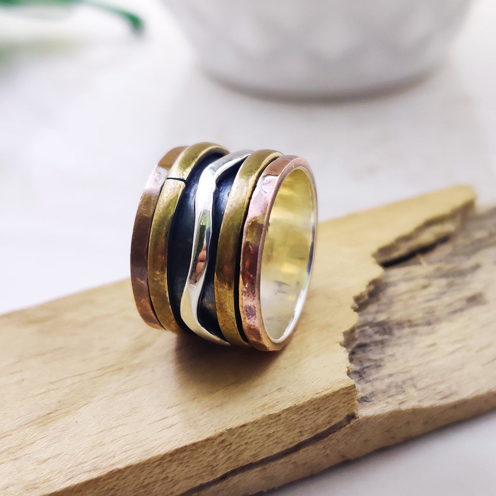 Spinner Ring 925 Sterling Solid Silver Ring Brass Copper Tone Spinner Silver Band Ring Two Tone Ring Size 5