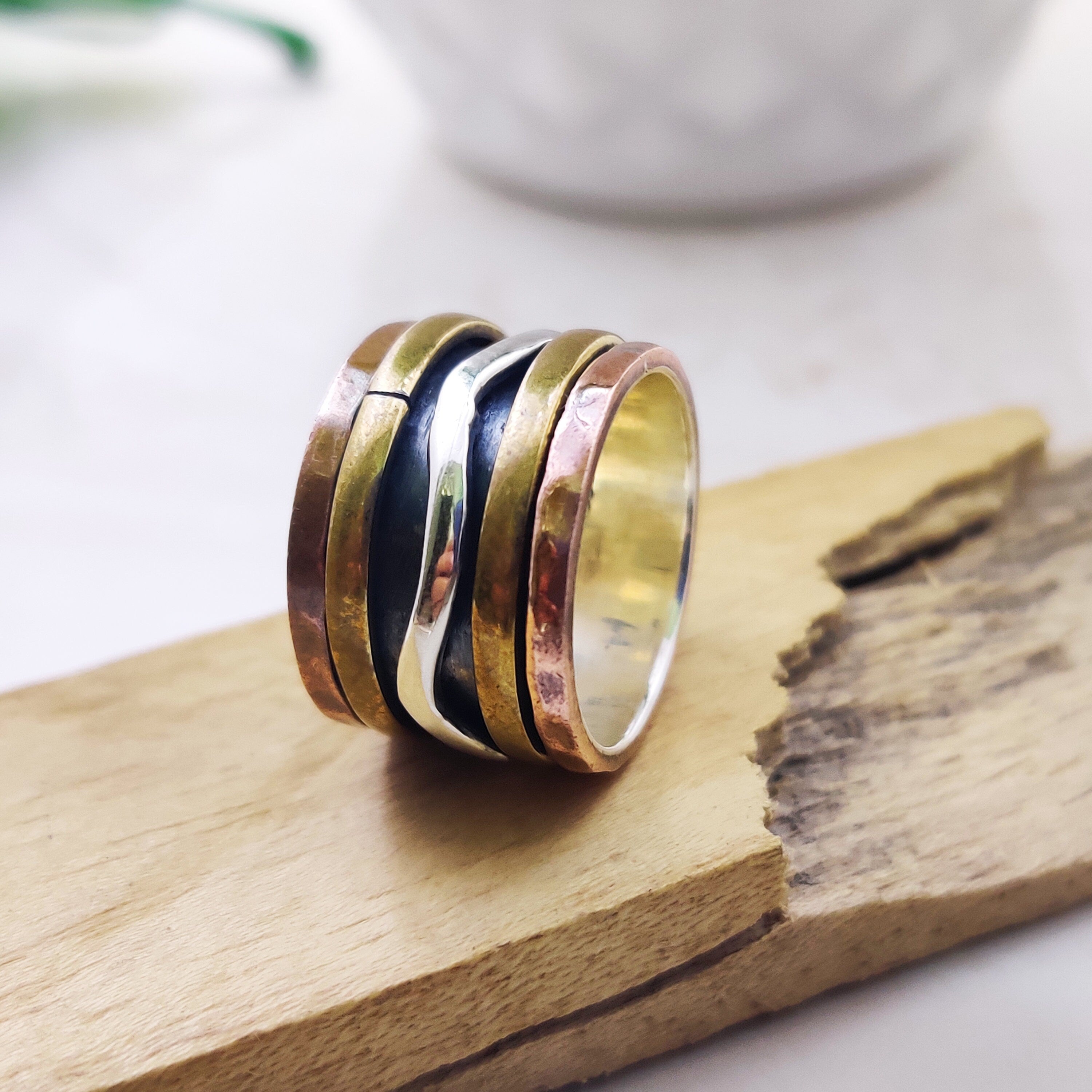 Spinner Ring 925 Sterling Solid Silver Ring Brass Copper Tone Spinner Silver Band Ring Two Tone Ring Size 5