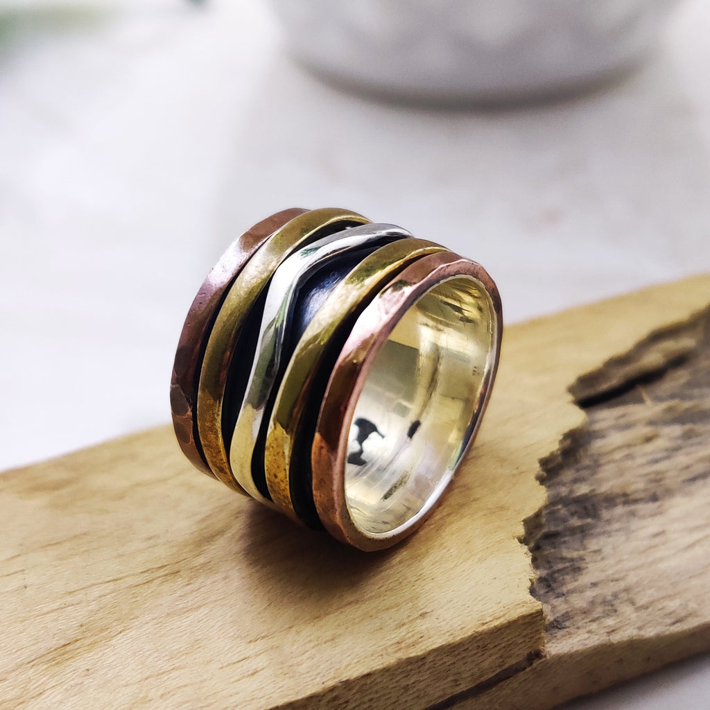 Spinner Ring 925 Sterling Solid Silver Ring Brass Copper Tone Spinner Silver Band Ring Two Tone Ring Size 5