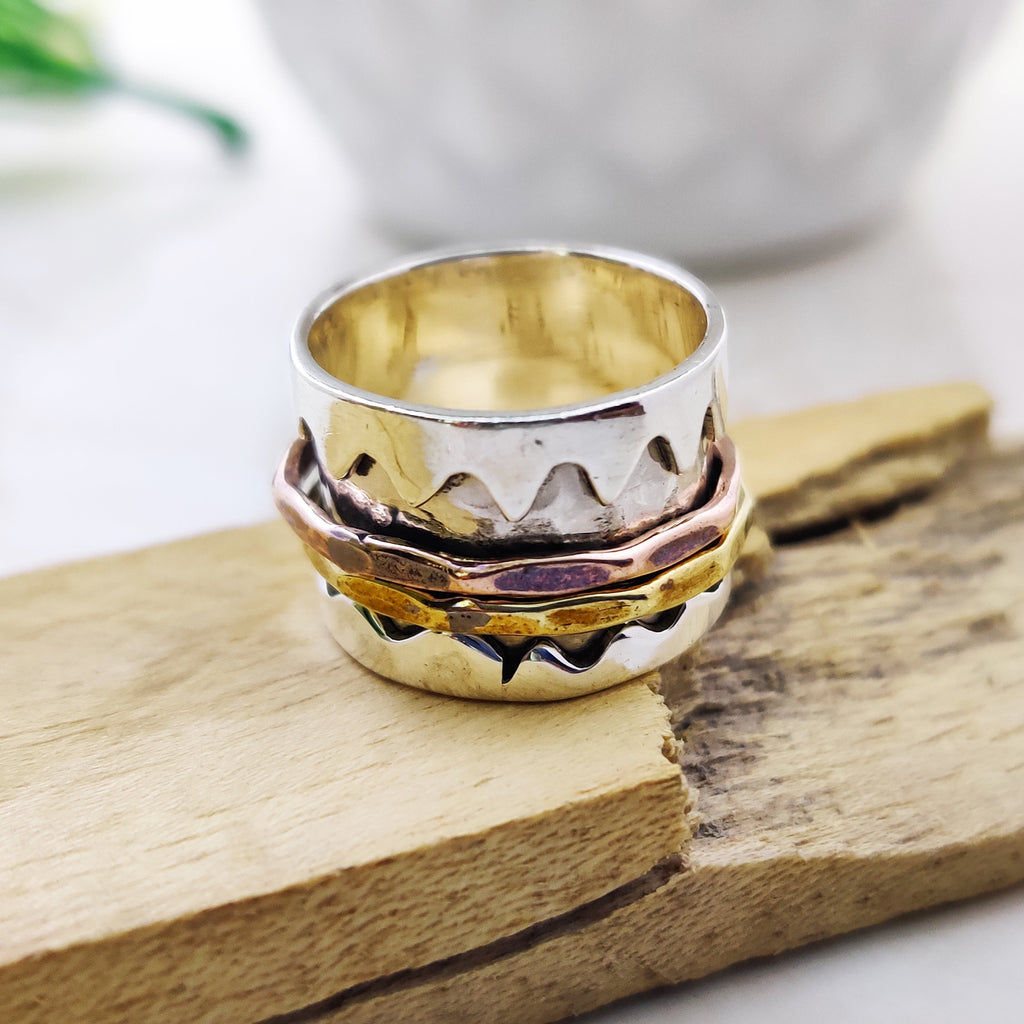 Spinner Ring 925 Sterling Solid Silver Ring Two Spin Rings Brass Copper Tone Spinner Silver Band Ring Two Tone Ring