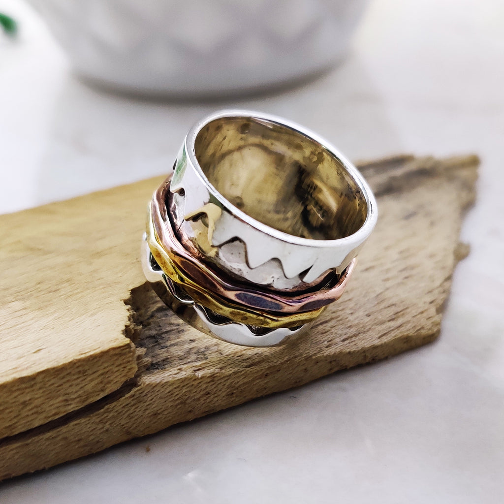 Spinner Ring 925 Sterling Solid Silver Ring Two Spin Rings Brass Copper Tone Spinner Silver Band Ring Two Tone Ring