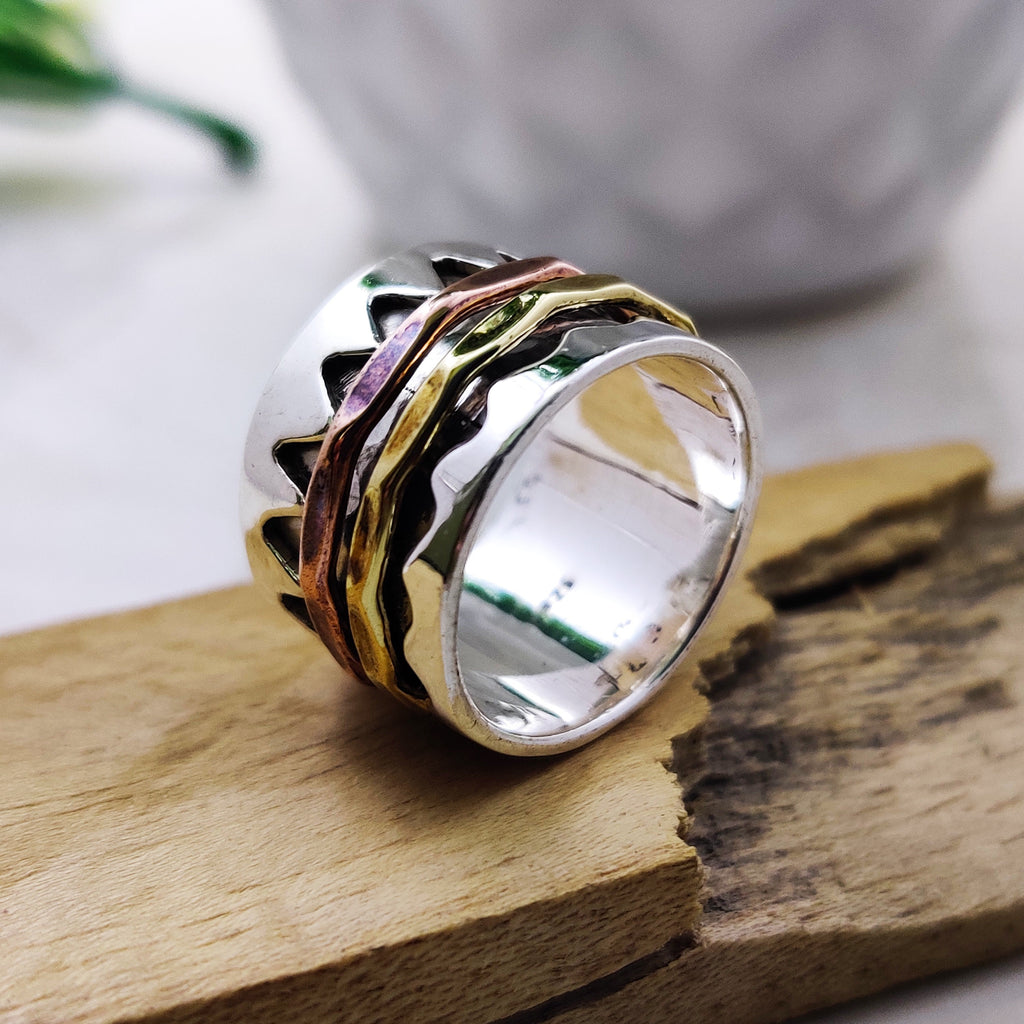 Spinner Ring 925 Sterling Solid Silver Ring Two Spin Rings Brass Copper Tone Spinner Silver Band Ring Two Tone Ring