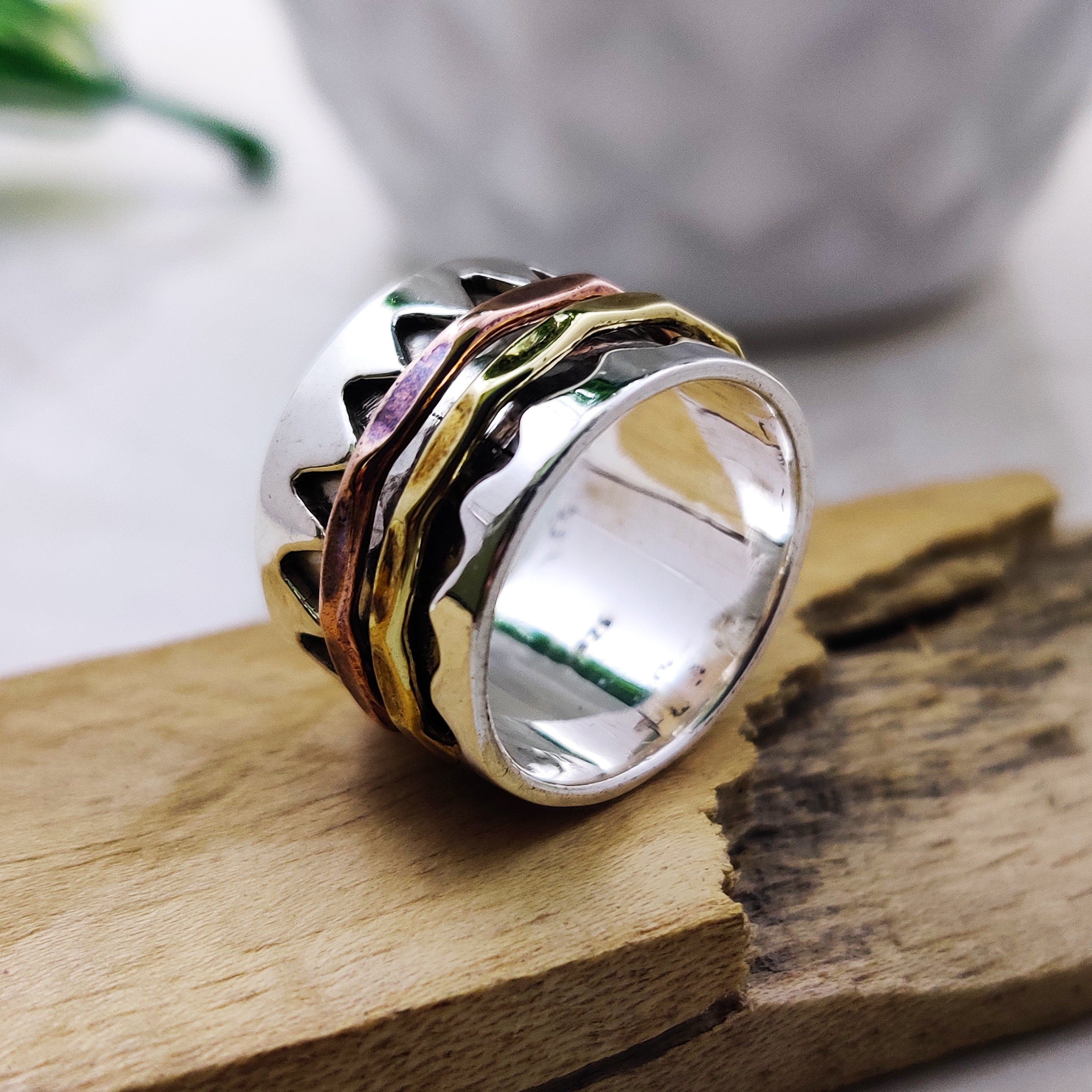 Spinner Ring 925 Sterling Solid Silver Ring Two Spin Rings Brass Copper Tone Spinner Silver Band Ring Two Tone Ring