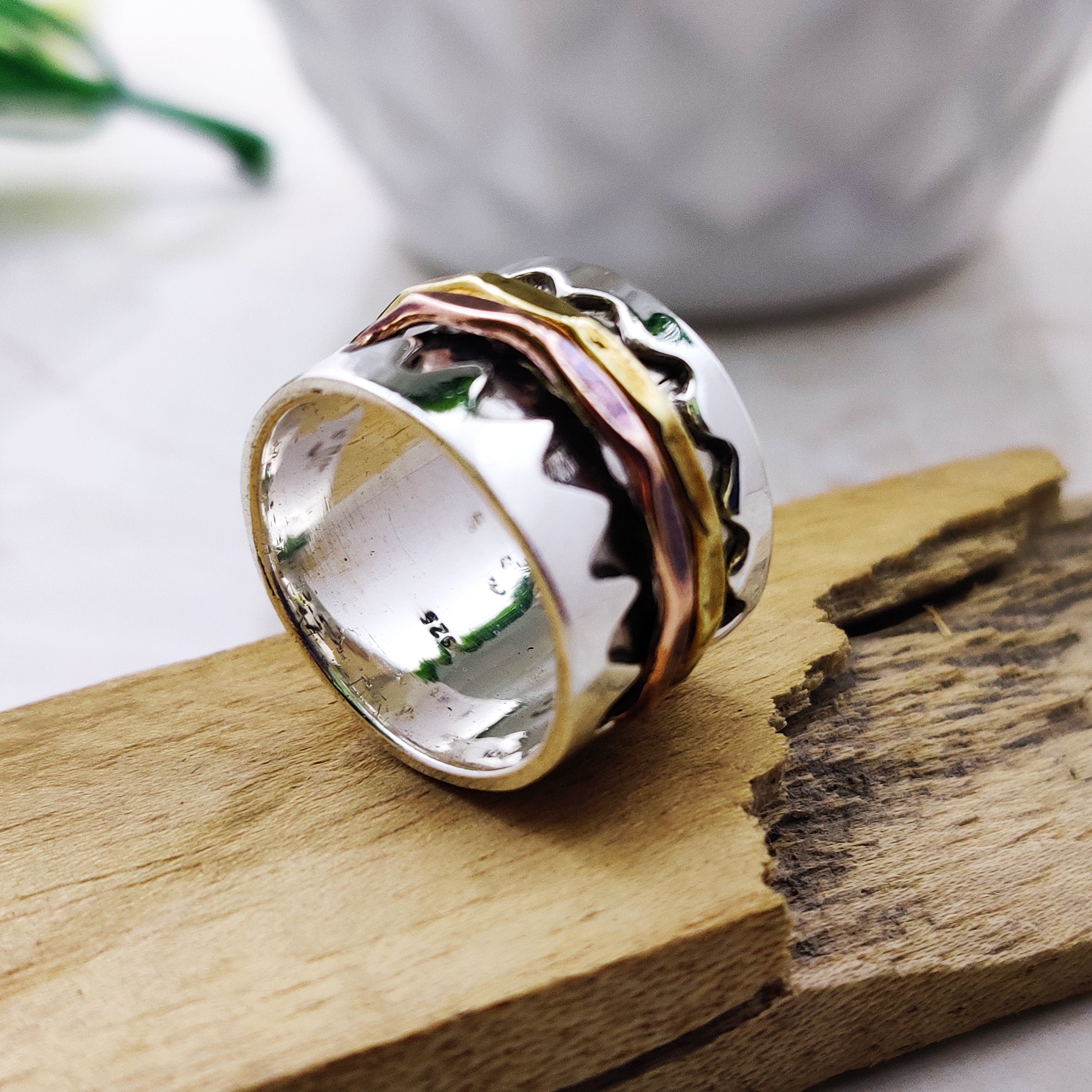 Spinner Ring 925 Sterling Solid Silver Ring Two Spin Rings Brass Copper Tone Spinner Silver Band Ring Two Tone Ring