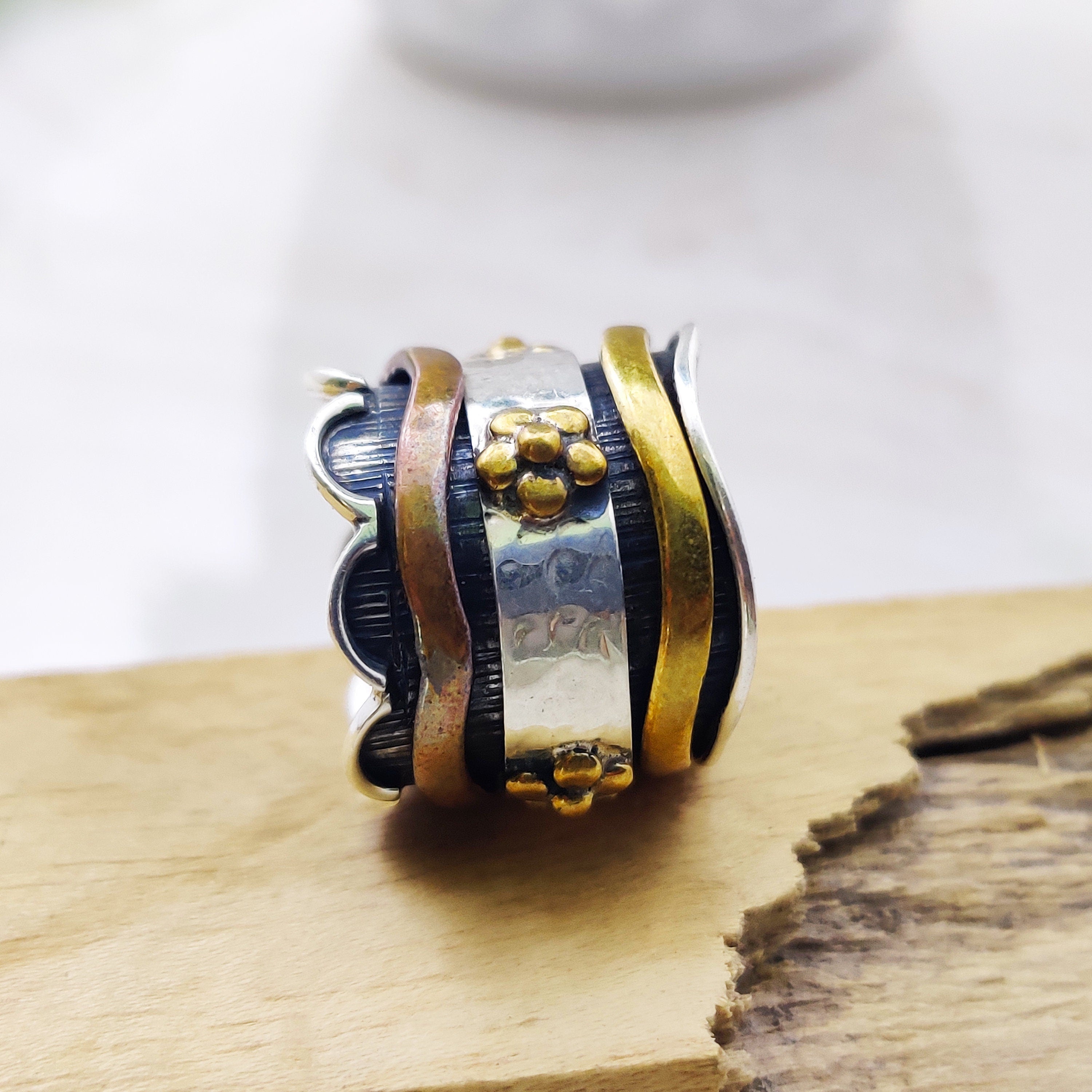 Spinner Ring 925 Sterling Solid Silver Ring Flower Designer Brass Copper Tone Spinner Silver Band Ring Two Tone Ring