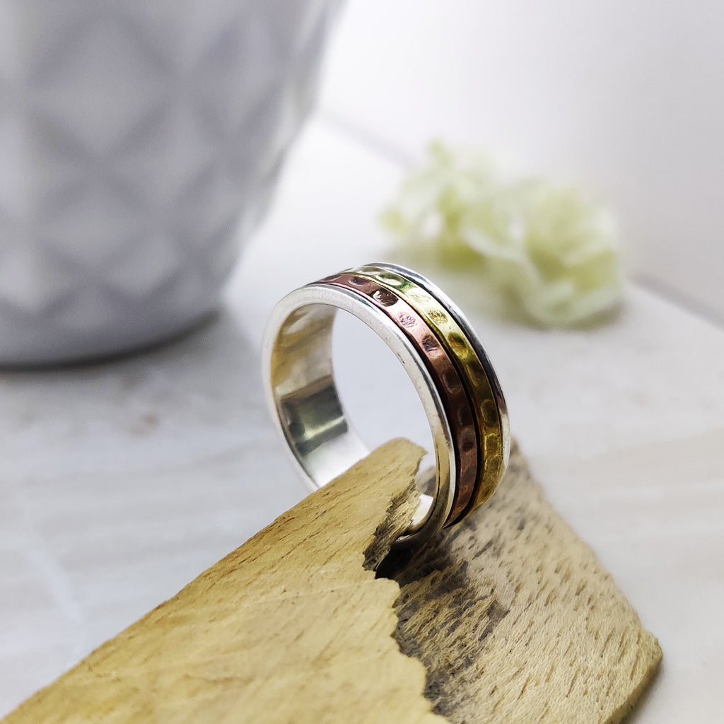 Spinner Ring 925 Sterling Solid Silver Ring Two Spin Ring Brass Copper Tone Spinner Silver Band Ring Two Tone Ring Size 9 3/4