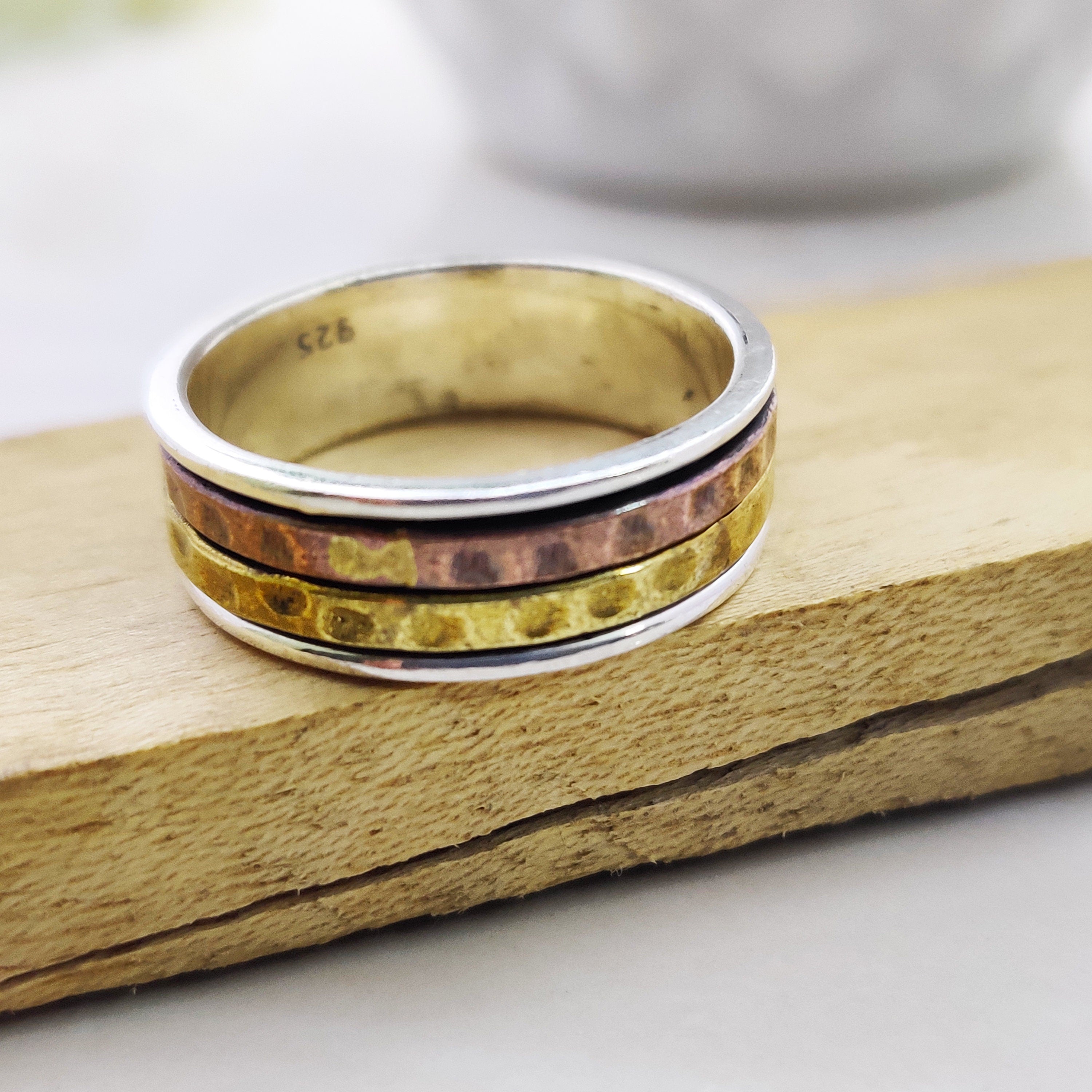 Spinner Ring 925 Sterling Solid Silver Ring Two Spin Ring Brass Copper Tone Spinner Silver Band Ring Two Tone Ring Size 9 3/4