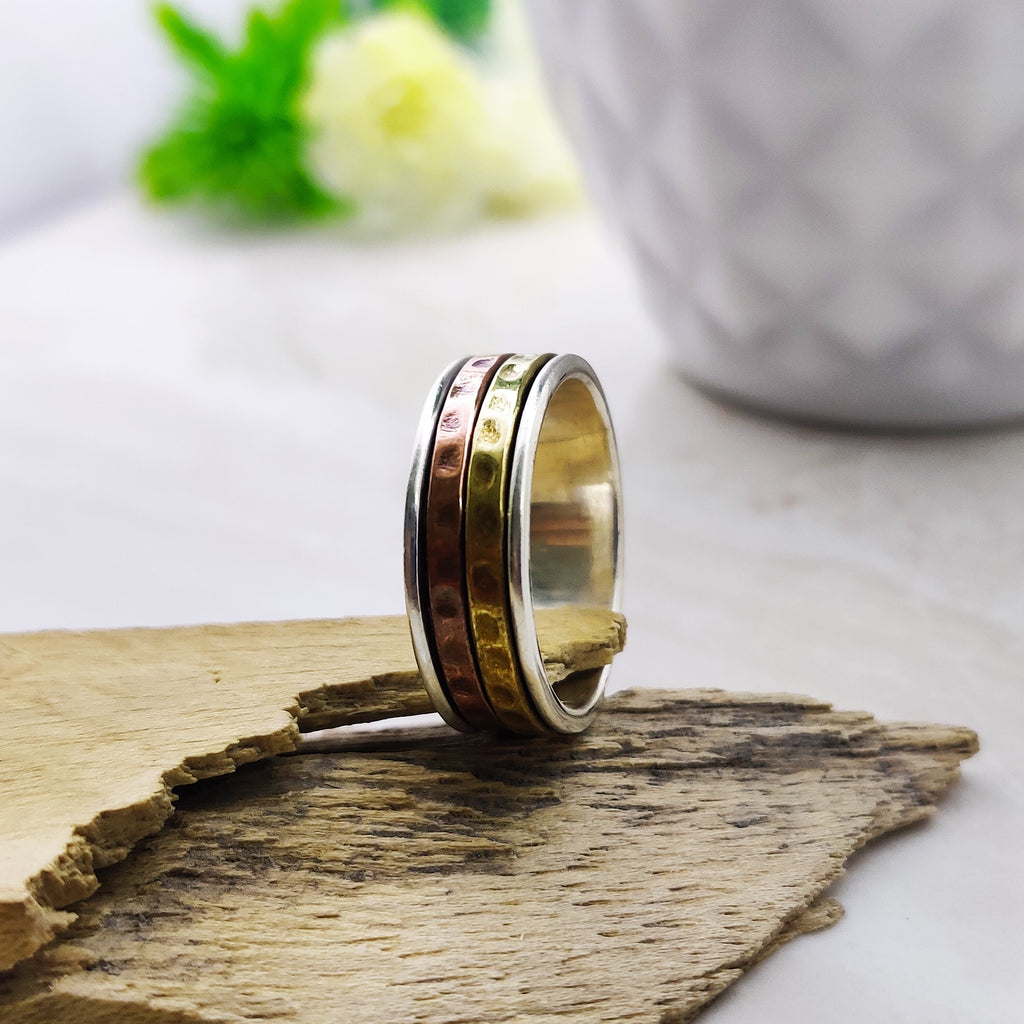 Spinner Ring 925 Sterling Solid Silver Ring Two Spin Ring Brass Copper Tone Spinner Silver Band Ring Two Tone Ring Size 9 3/4