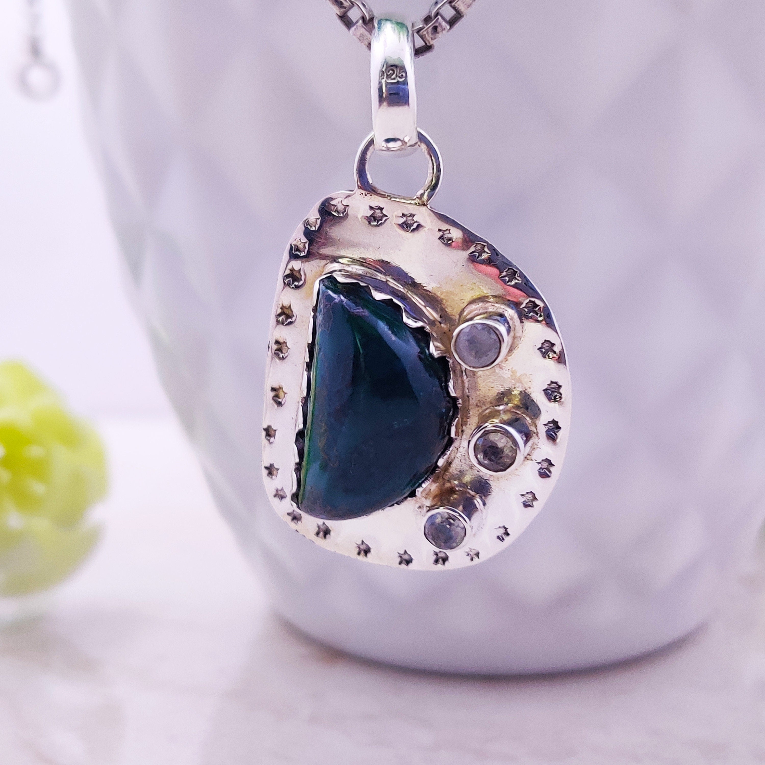 Sterling Silver Natural Azurite With Rainbow Moonstone Raw Stone Druzy Boho  Pendant