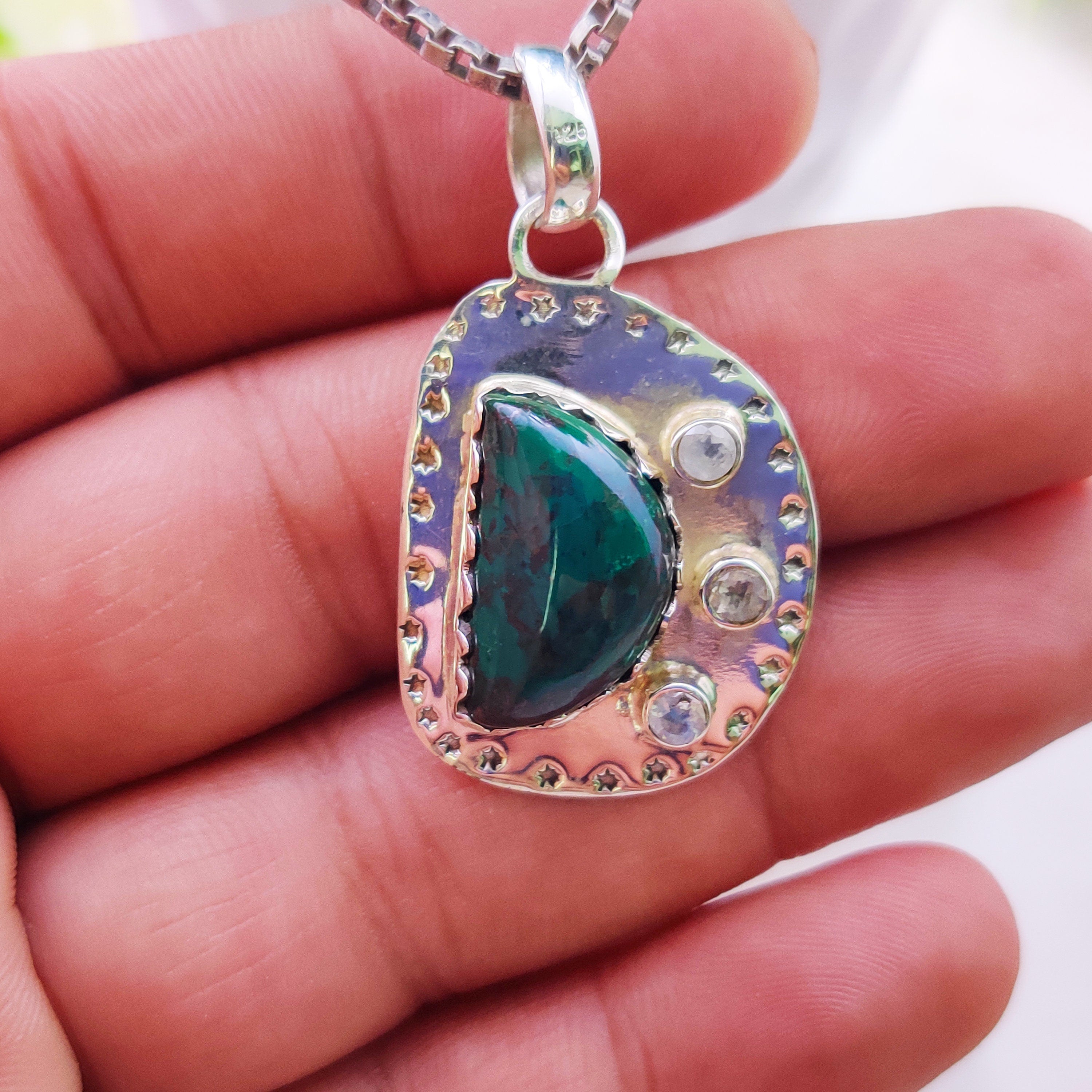 Sterling Silver Natural Azurite With Rainbow Moonstone Raw Stone Druzy Boho  Pendant
