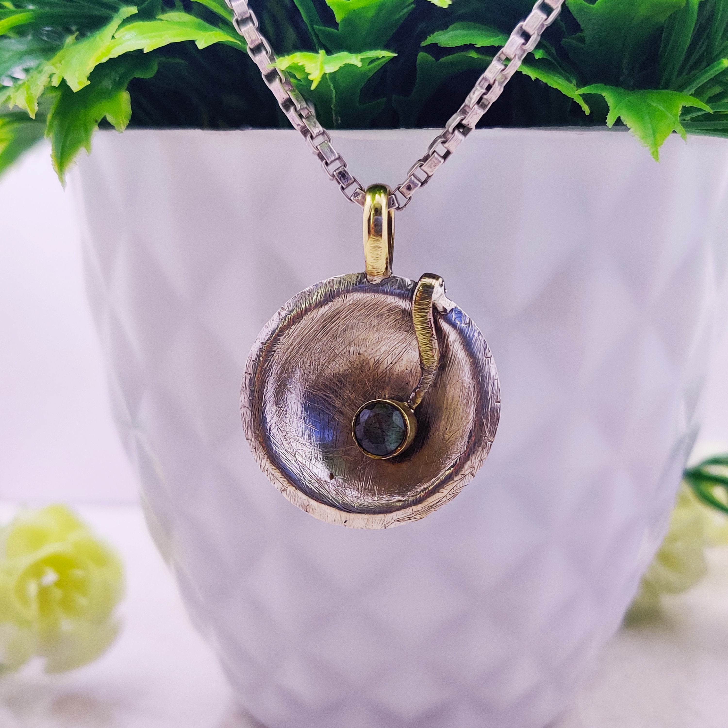 Sterling Silver Natural Blue Topaz Raw Stone Druzy Boho  Pendant