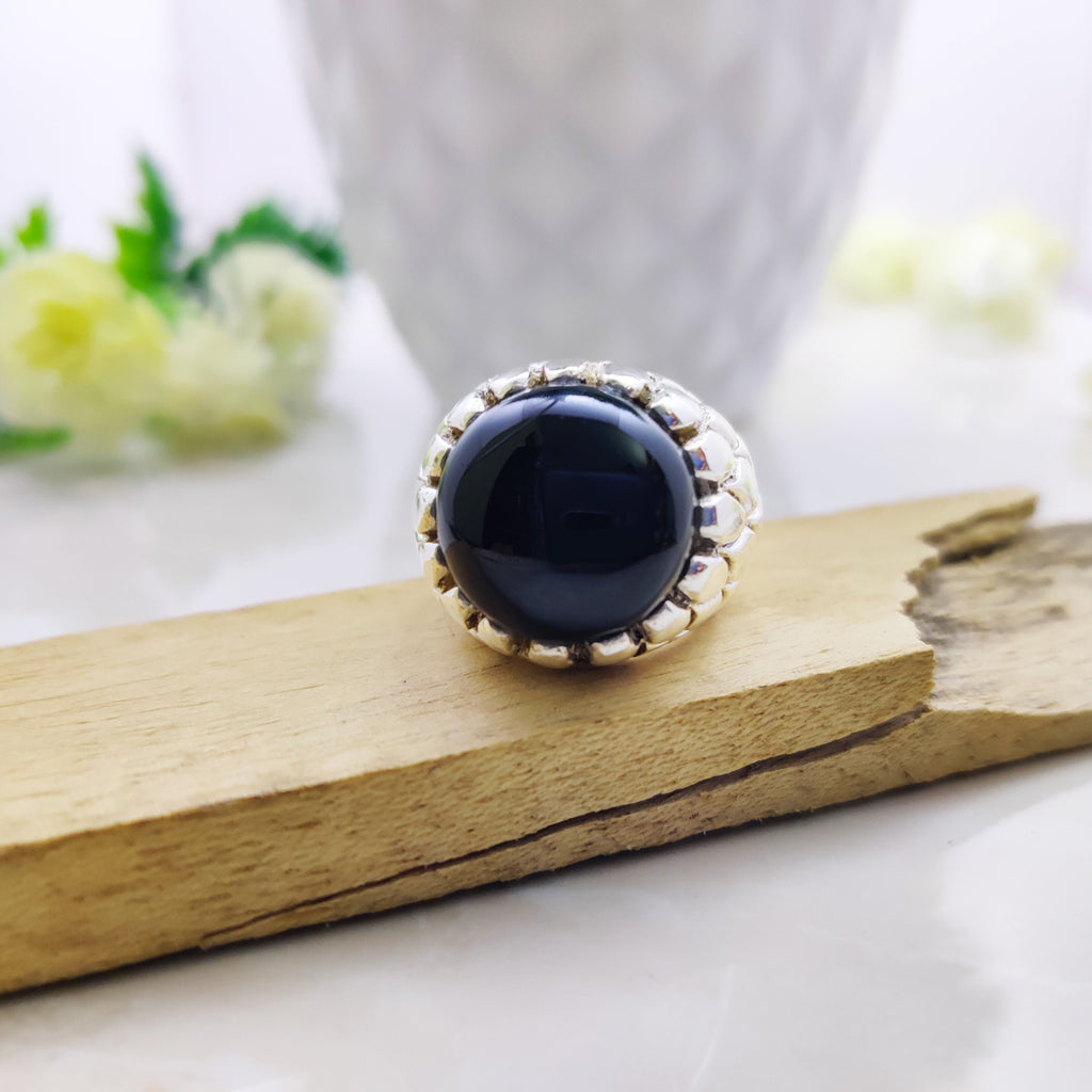 Sterling Silver Natural Black Onyx Round Boho Ring