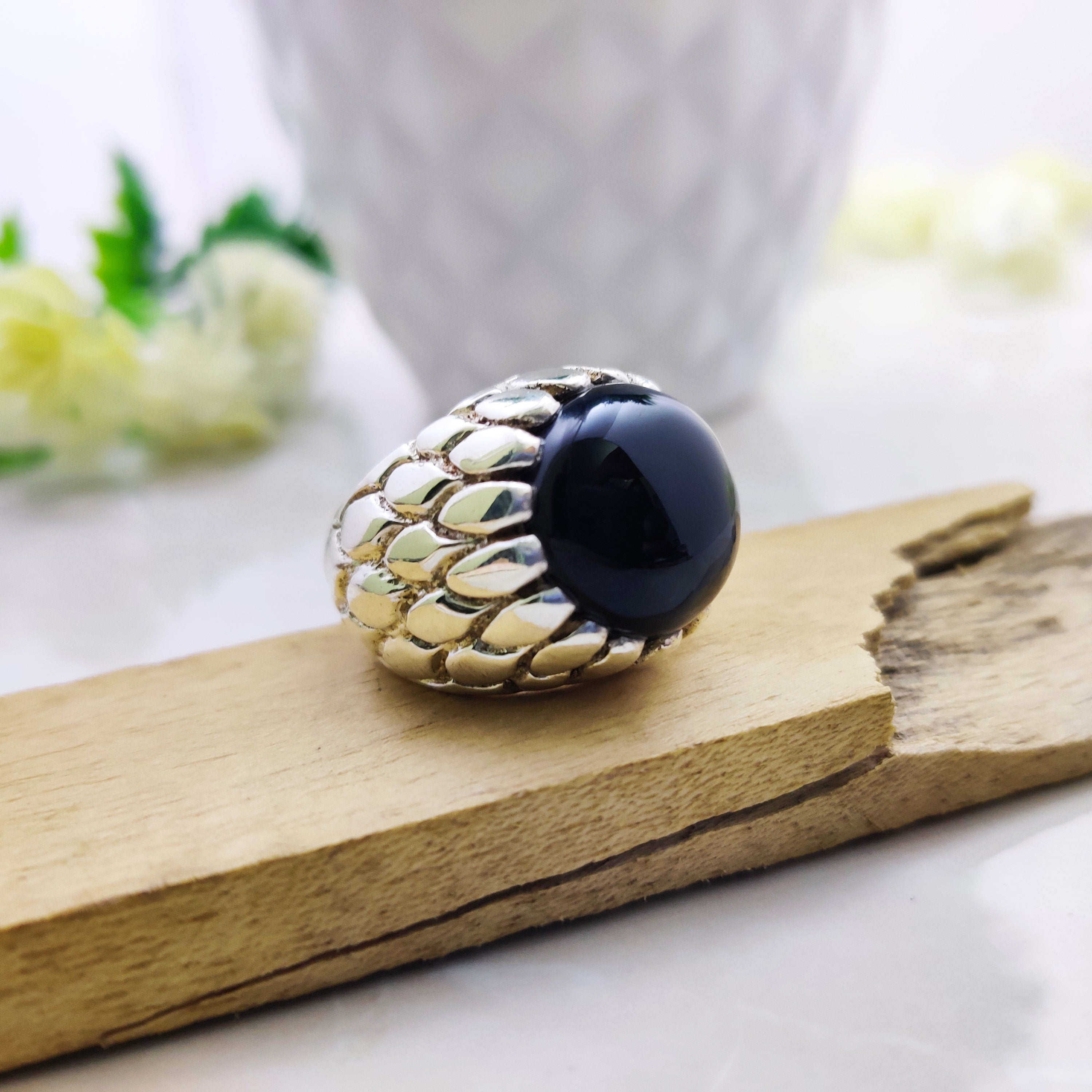 Sterling Silver Natural Black Onyx Round Boho Ring