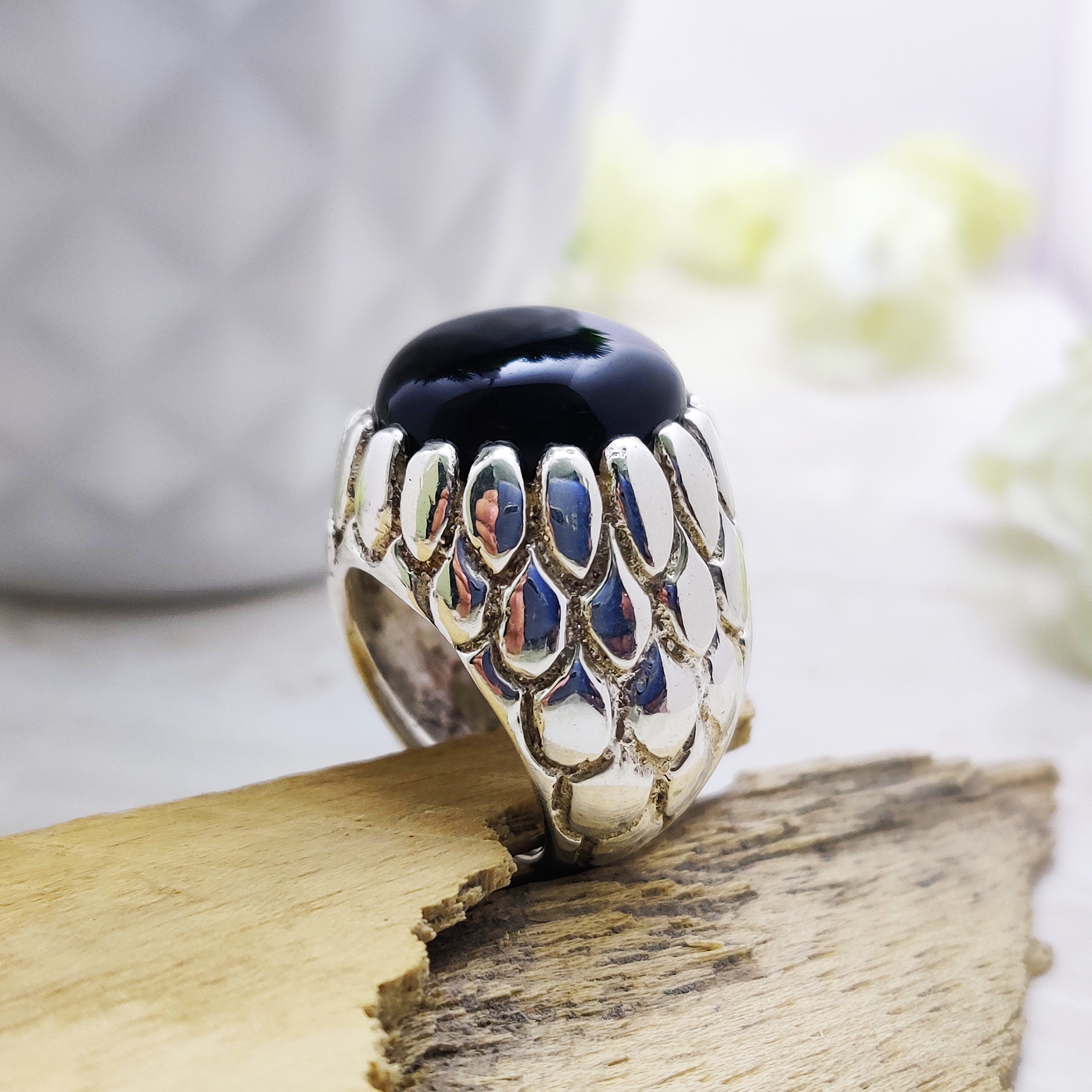 Sterling Silver Natural Black Onyx Round Boho Ring