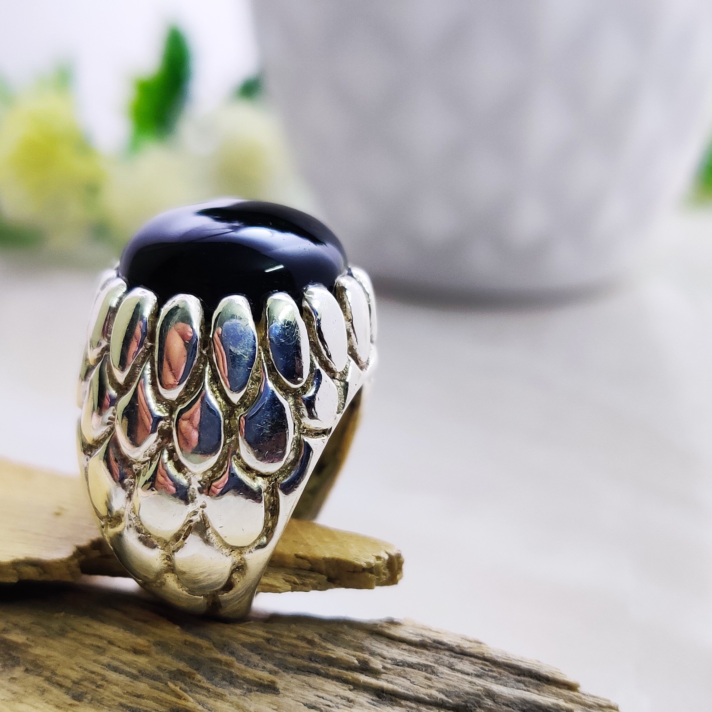 Sterling Silver Natural Black Onyx Round Boho Ring