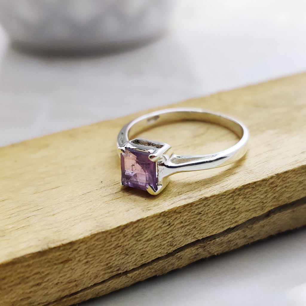 Sterling Silver Natural Amethyst Square Boho Ring