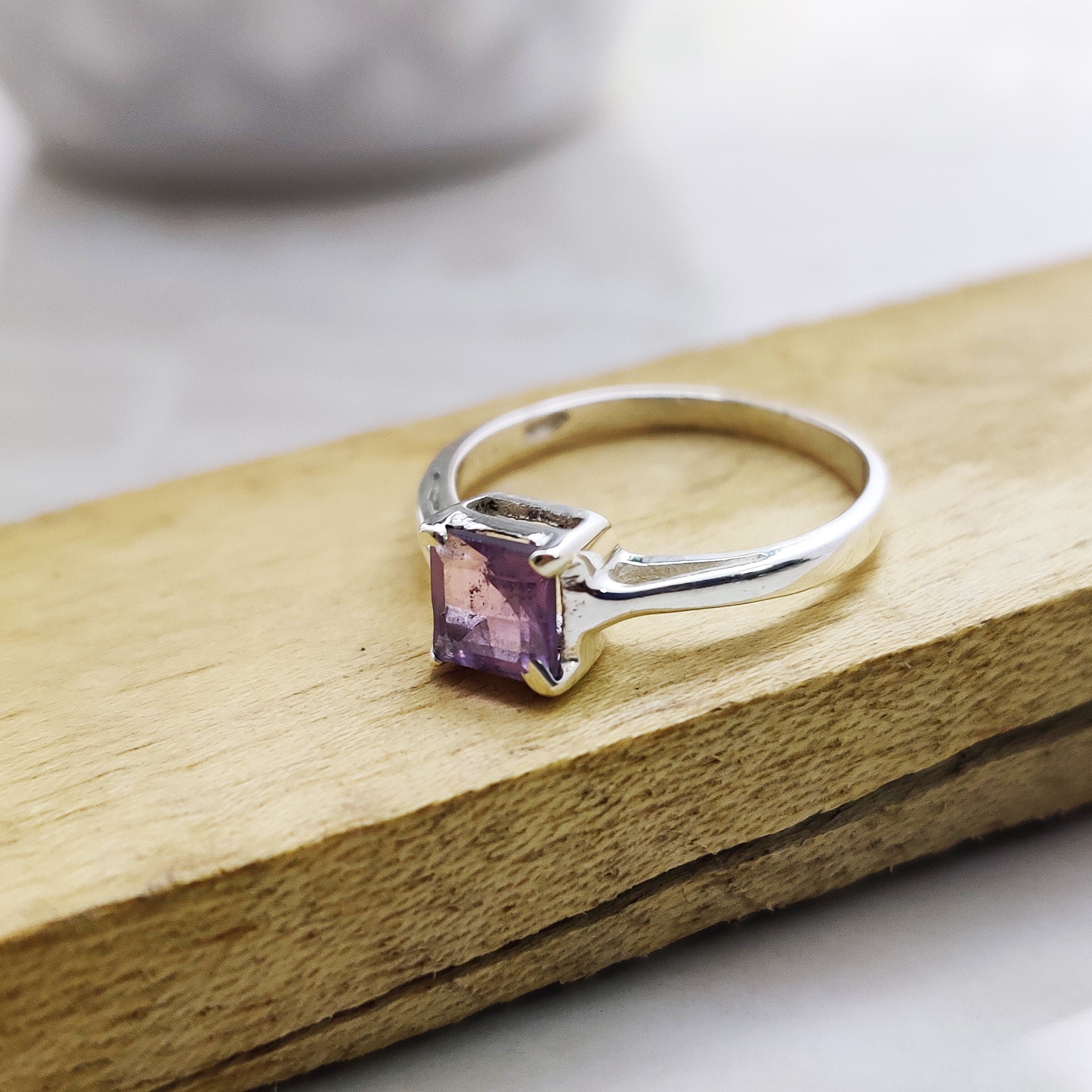 Sterling Silver Natural Amethyst Square Boho Ring
