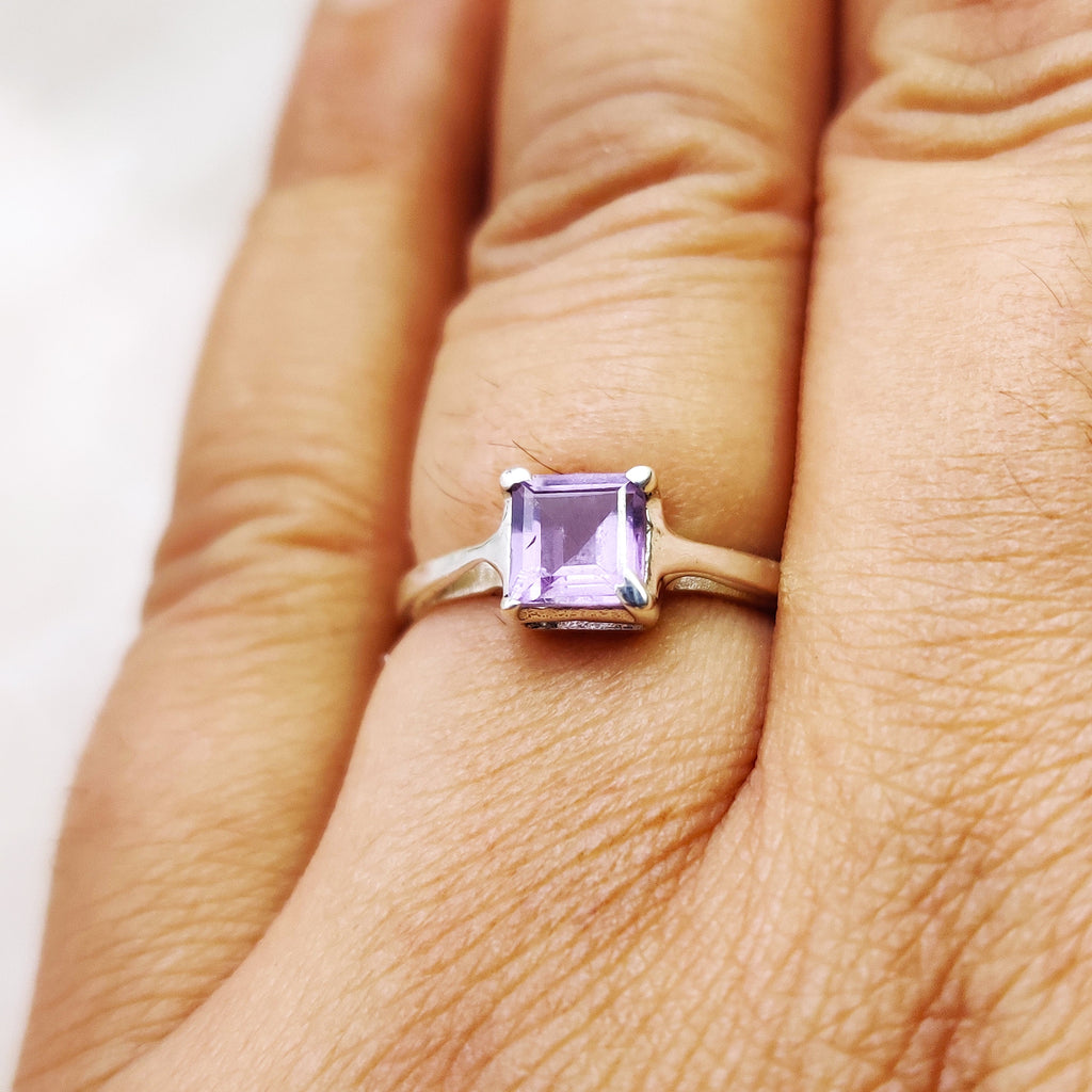 Sterling Silver Natural Amethyst Square Boho Ring