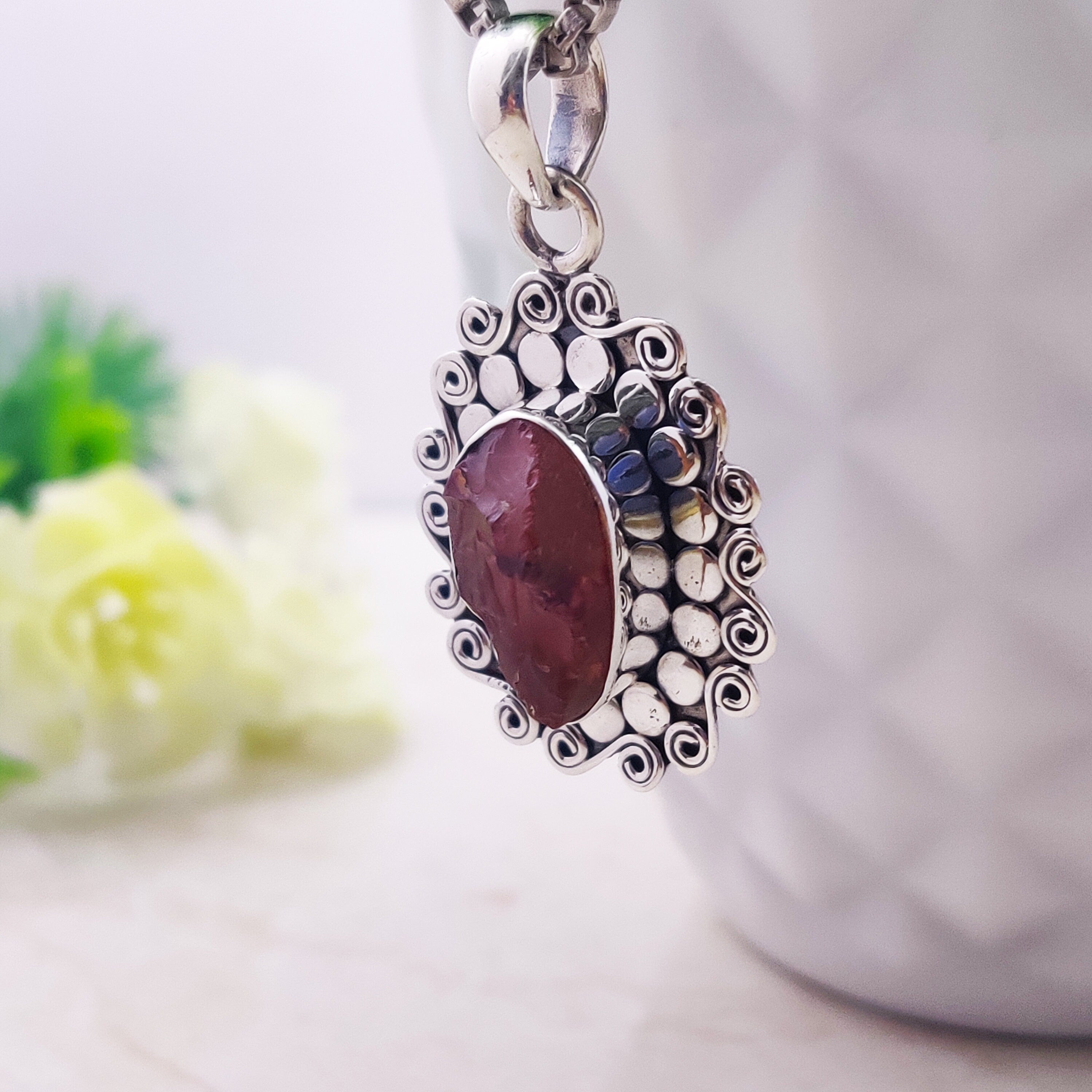 Sterling Silver Natural Carnelian Raw Stone Druzy Boho  Pendant