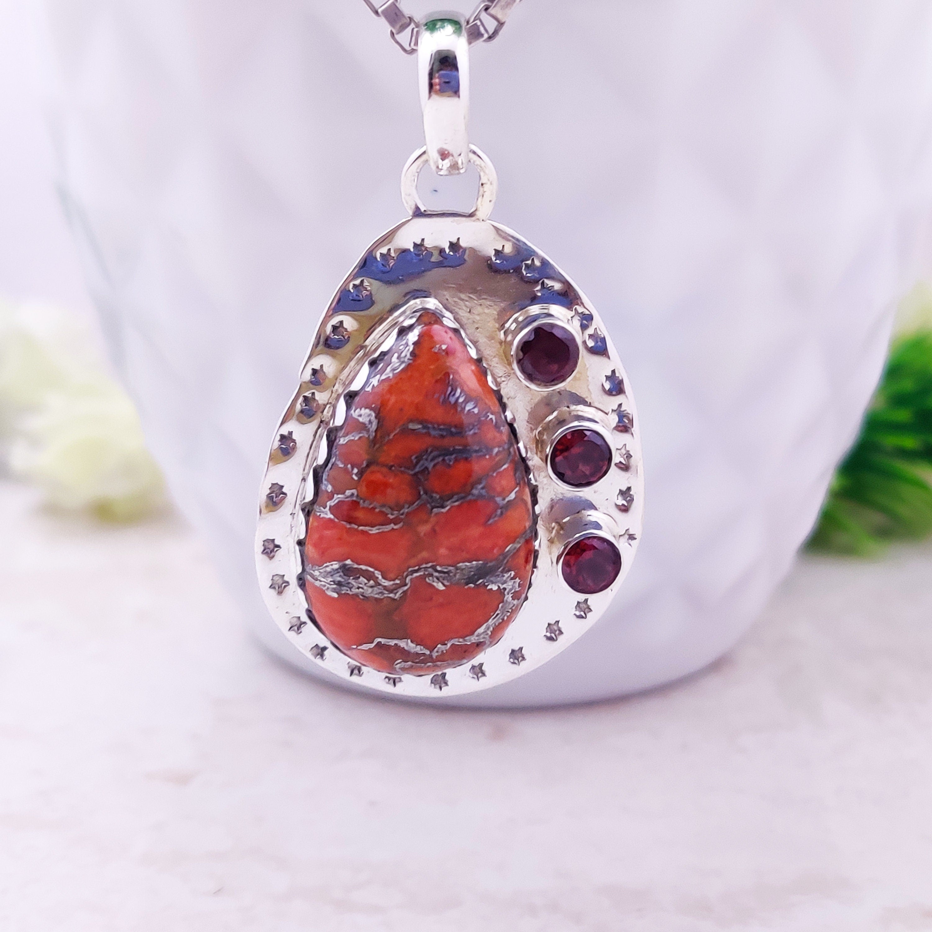 Sterling Silver Natural Copper Coral And Garnet Boho  Pendant