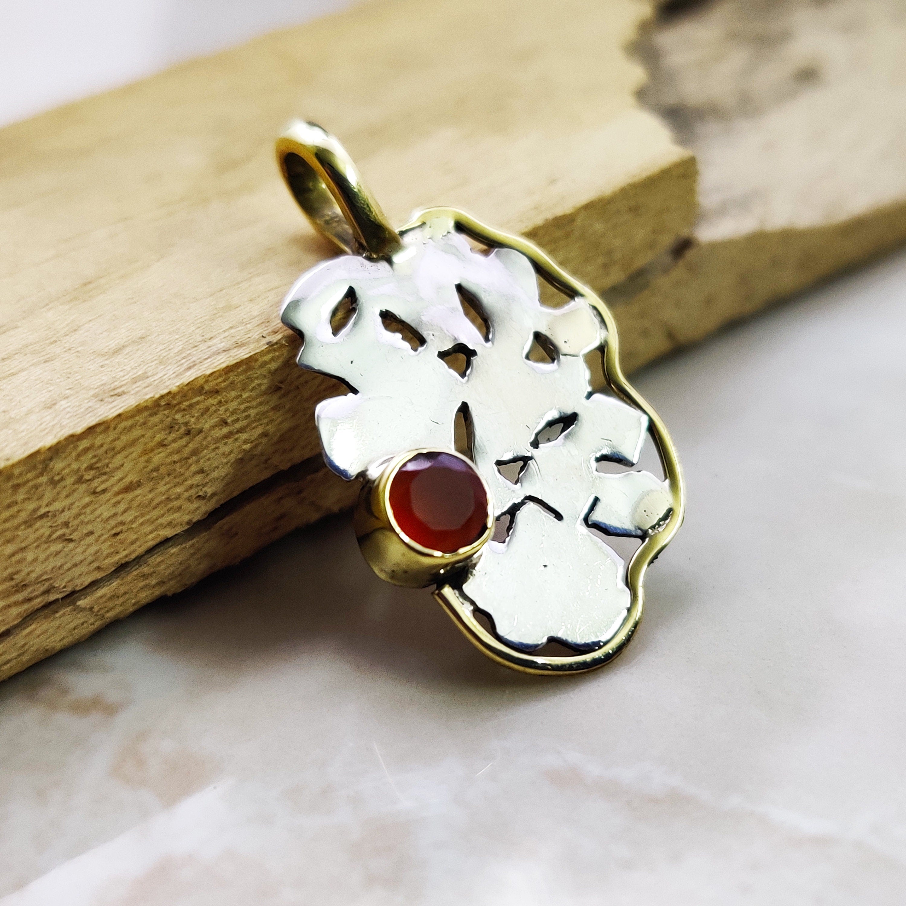 Sterling Silver Natural  Ruby Round Tiny Boho  Pendant