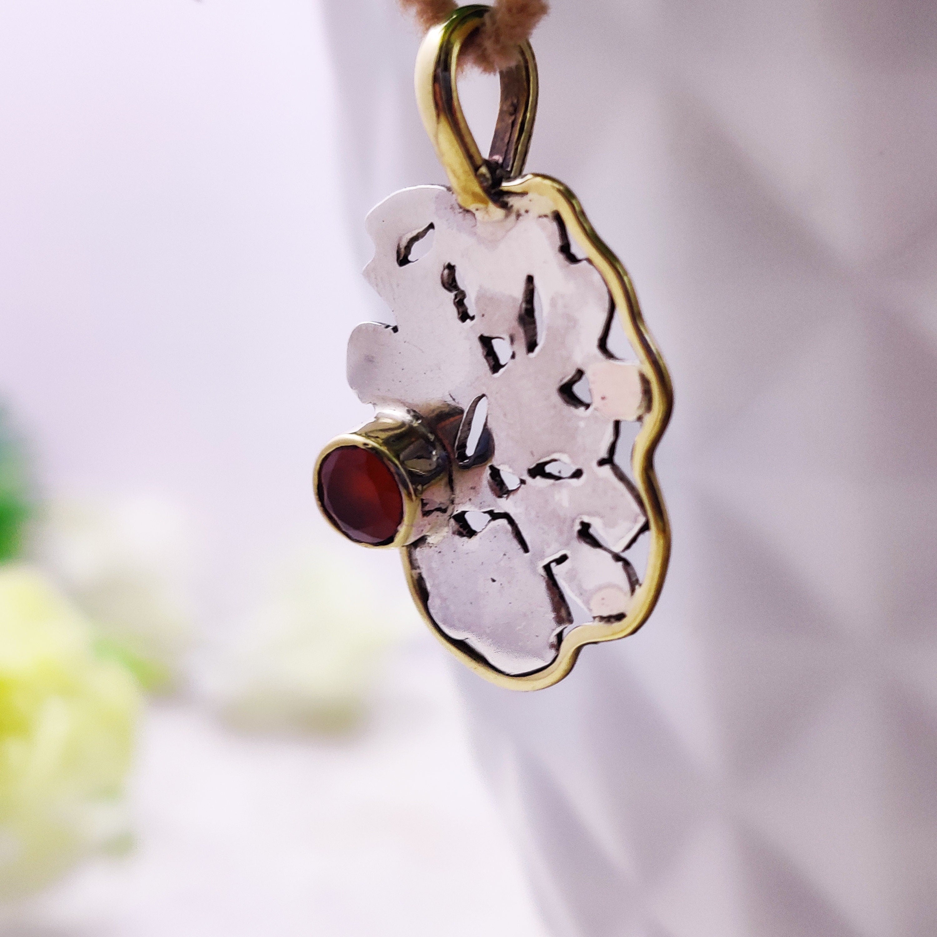 Sterling Silver Natural  Ruby Round Tiny Boho  Pendant