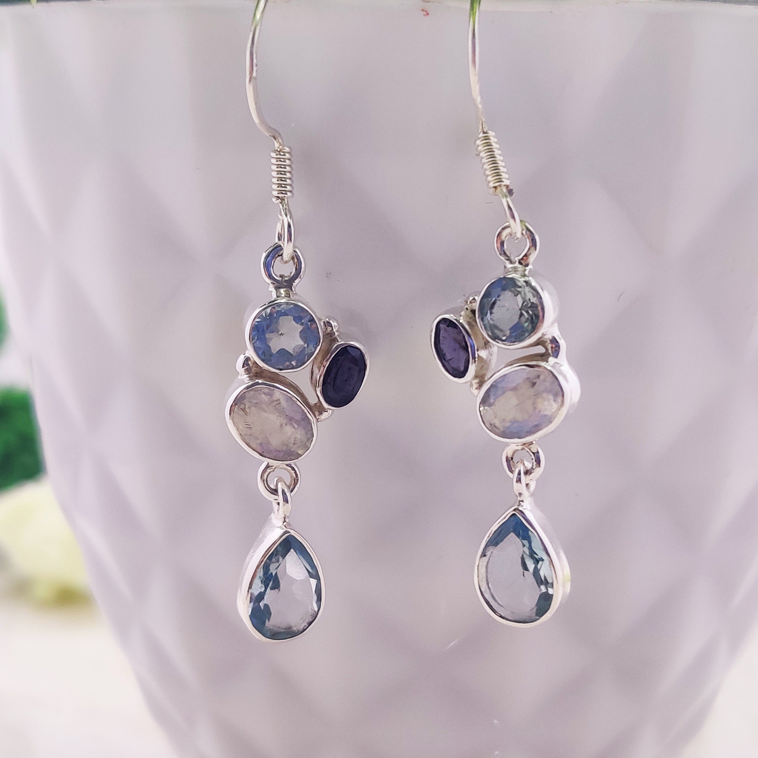 Sterling Silver Natural Blue Topaz Moonstone Blue Sapphire Trio Drop Wire Boho  Earrings