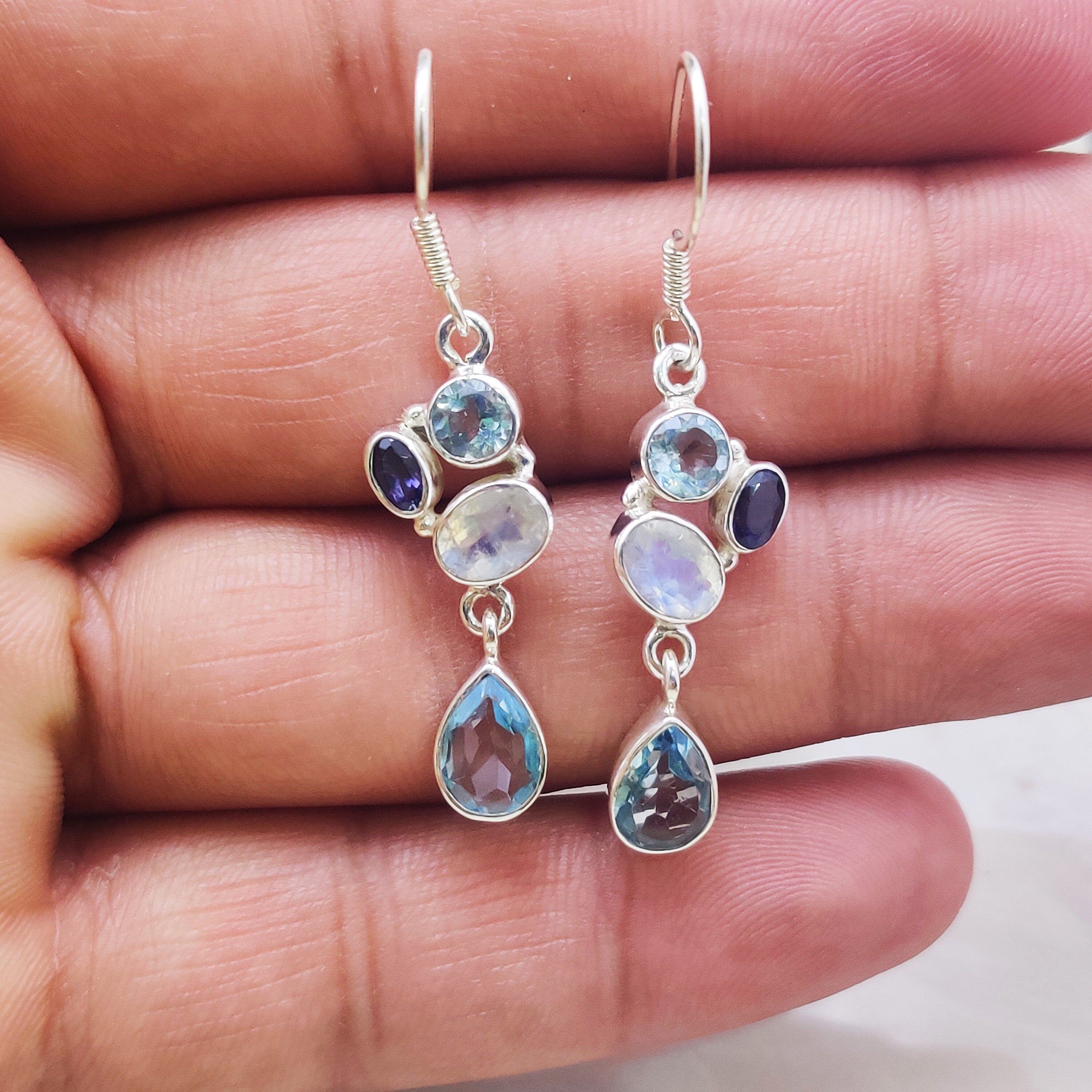 Sterling Silver Natural Blue Topaz Moonstone Blue Sapphire Trio Drop Wire Boho  Earrings