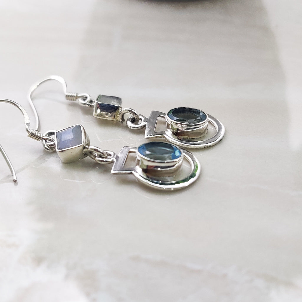 Sterling Silver Natural Blue Topaz Oval Drop Wire Tiny Boho  Earrings