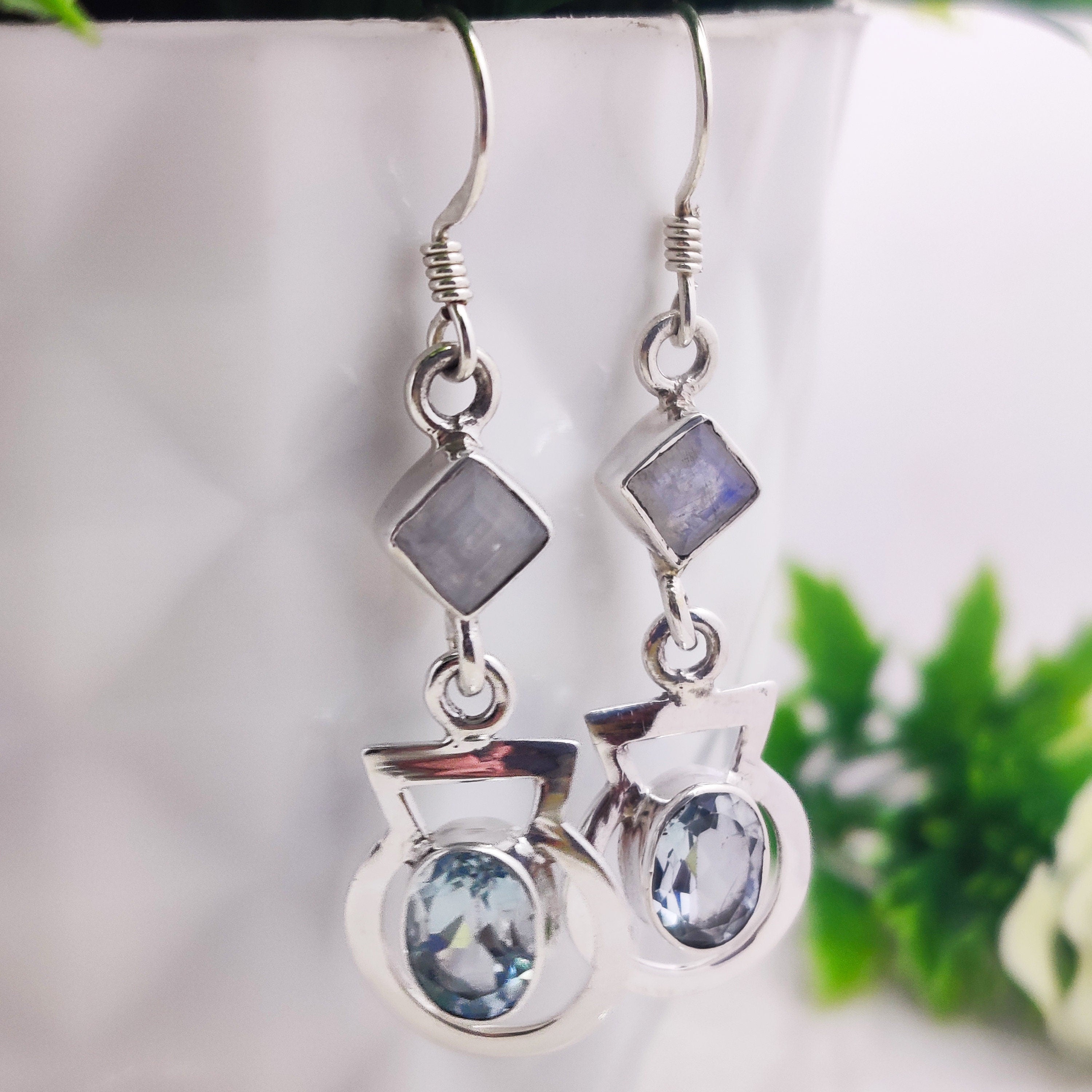 Sterling Silver Natural Blue Topaz Oval Drop Wire Tiny Boho  Earrings