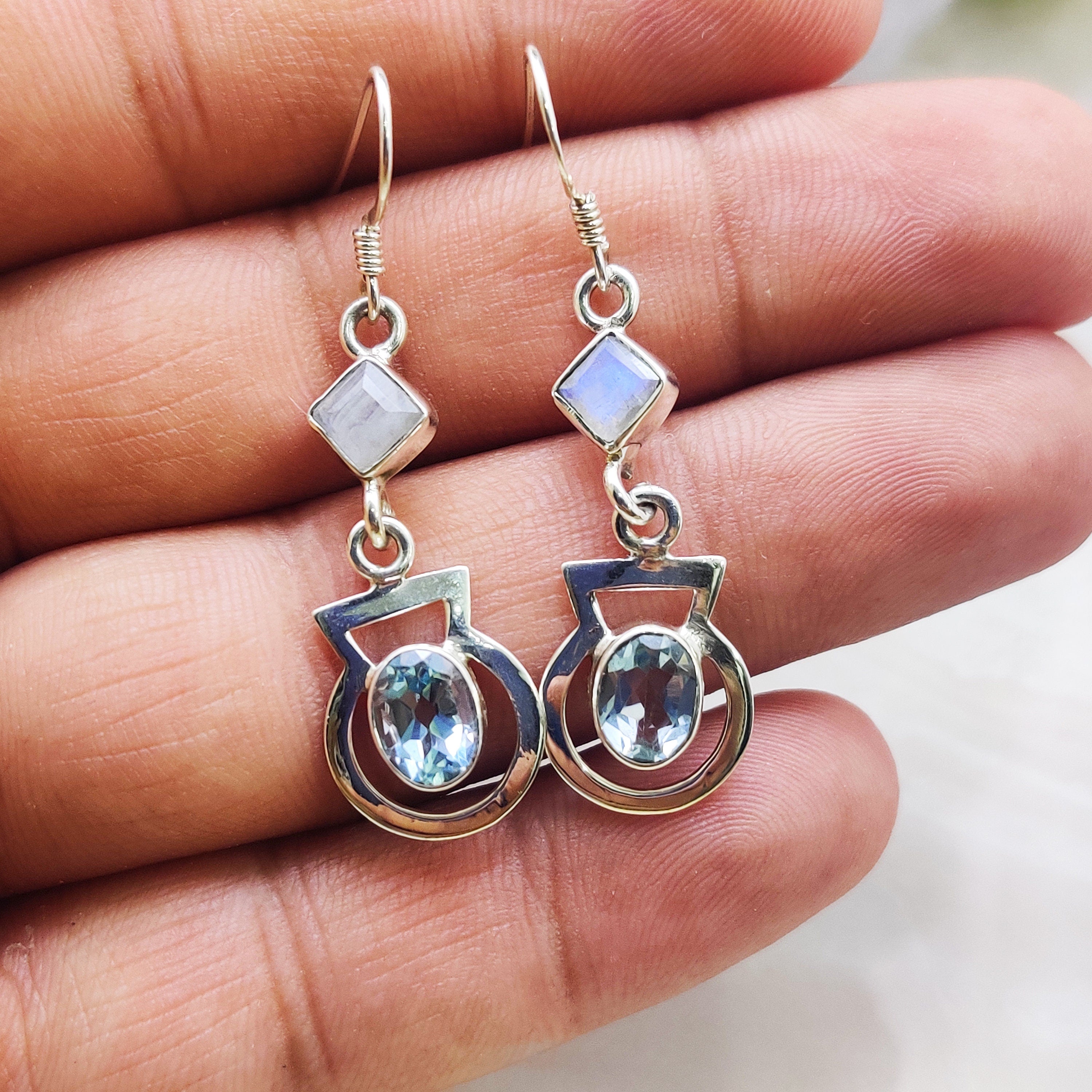 Sterling Silver Natural Blue Topaz Oval Drop Wire Tiny Boho  Earrings