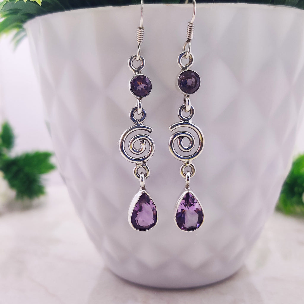 Sterling Silver Natural Amethyst Pear Drop Wire Boho  Earrings